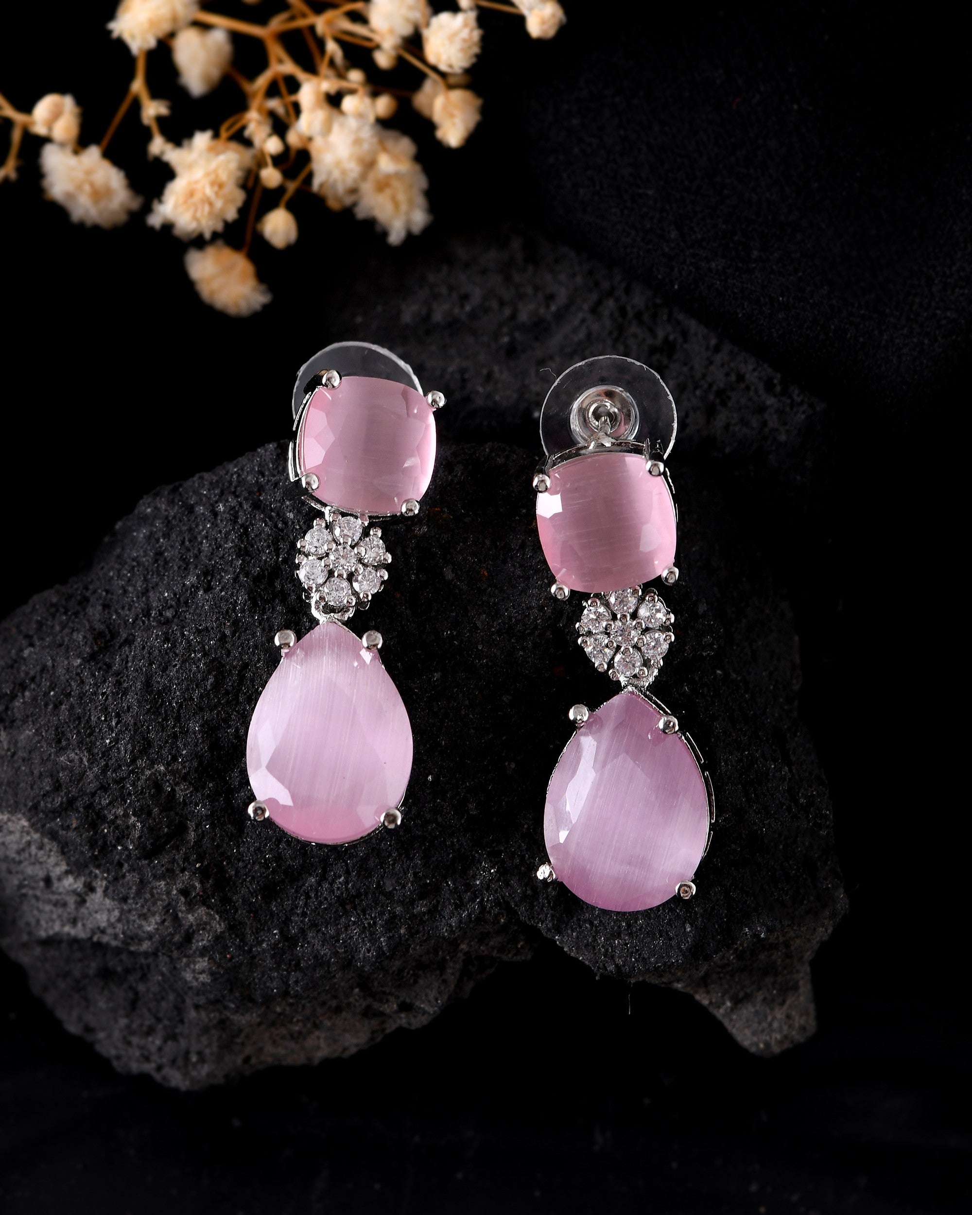 VOJ Silver Plated Baby Pink Stone Studded Floral Shaped Studs Earrings