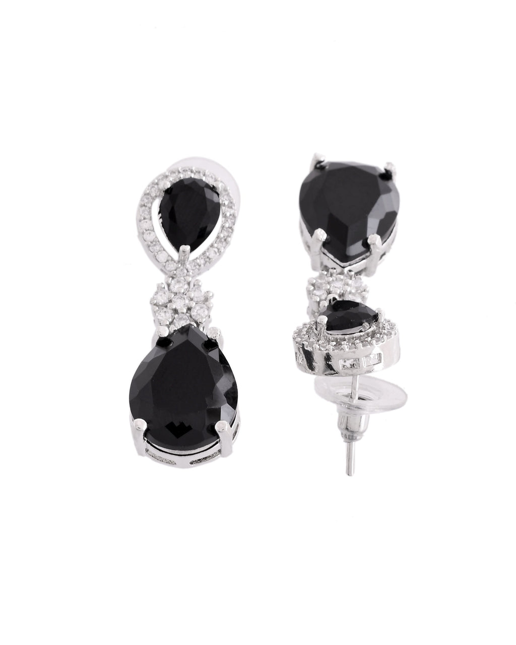 VOJ Silver Plated Black Stone Studded Floral Shaped Studs Earrings