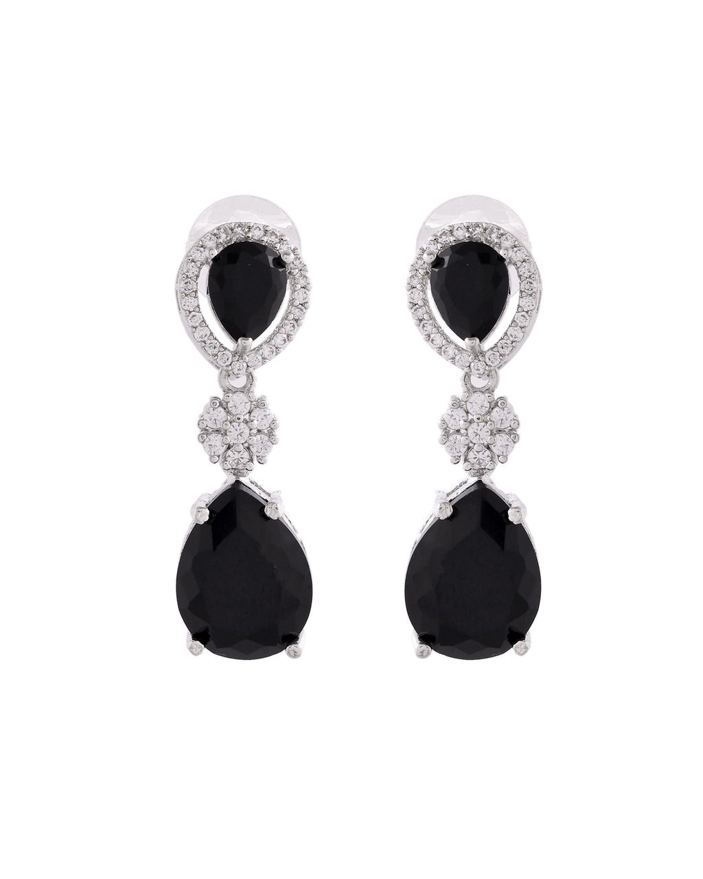 VOJ Silver Plated Black Stone Studded Floral Shaped Studs Earrings