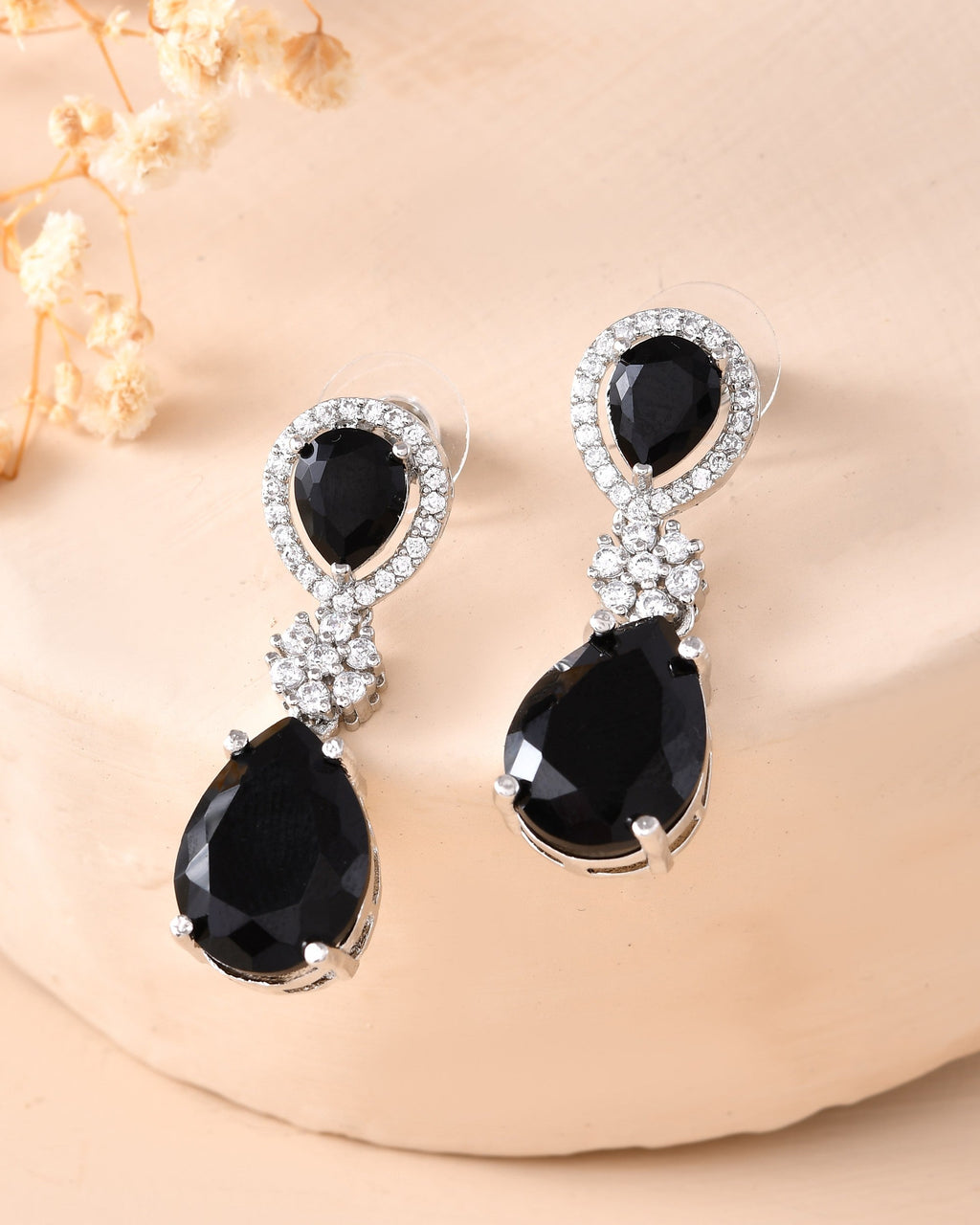VOJ Silver Plated Black Stone Studded Floral Shaped Studs Earrings
