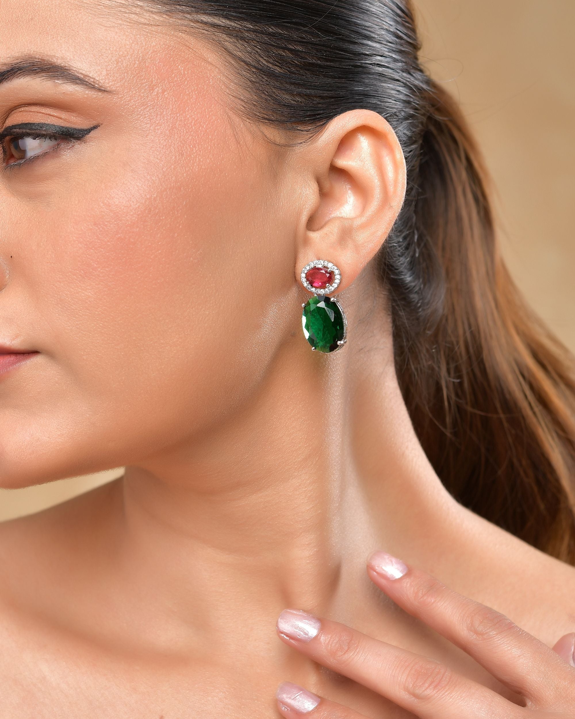 VOJ Silver Plated Green And Red Stone Studded Elegant Ad Earrings