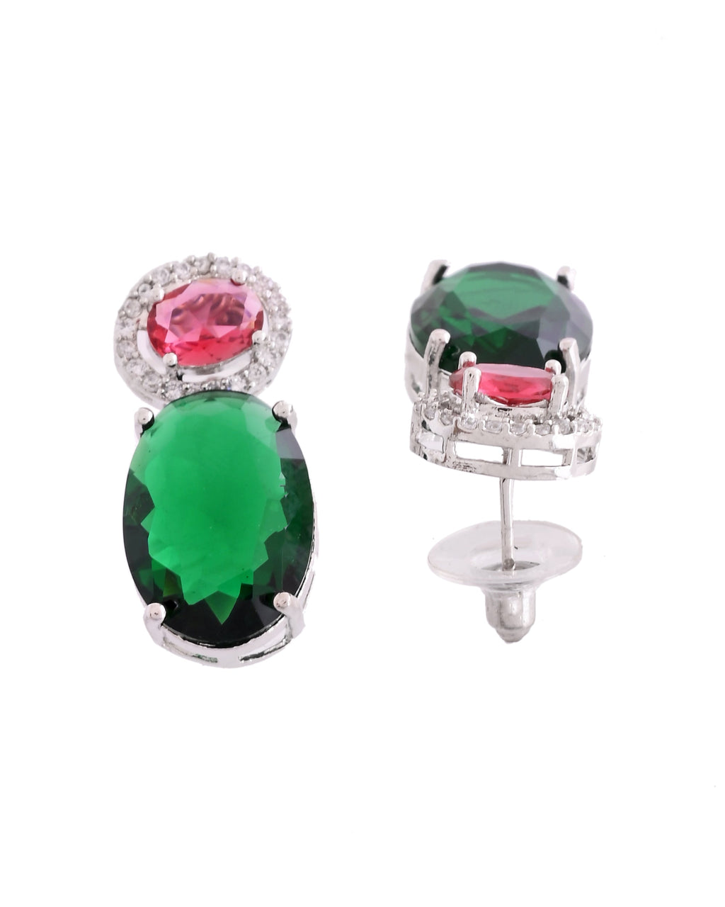 VOJ Silver Plated Green And Red Stone Studded Elegant Ad Earrings