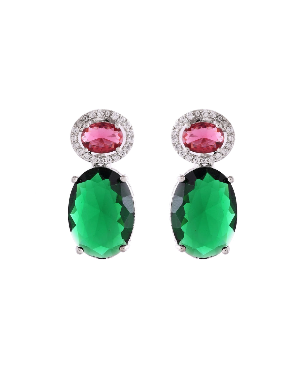 VOJ Silver Plated Green And Red Stone Studded Elegant Ad Earrings