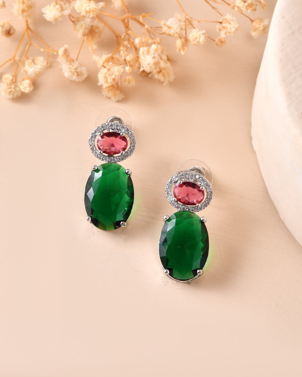 VOJ Silver Plated Green And Red Stone Studded Elegant Ad Earrings