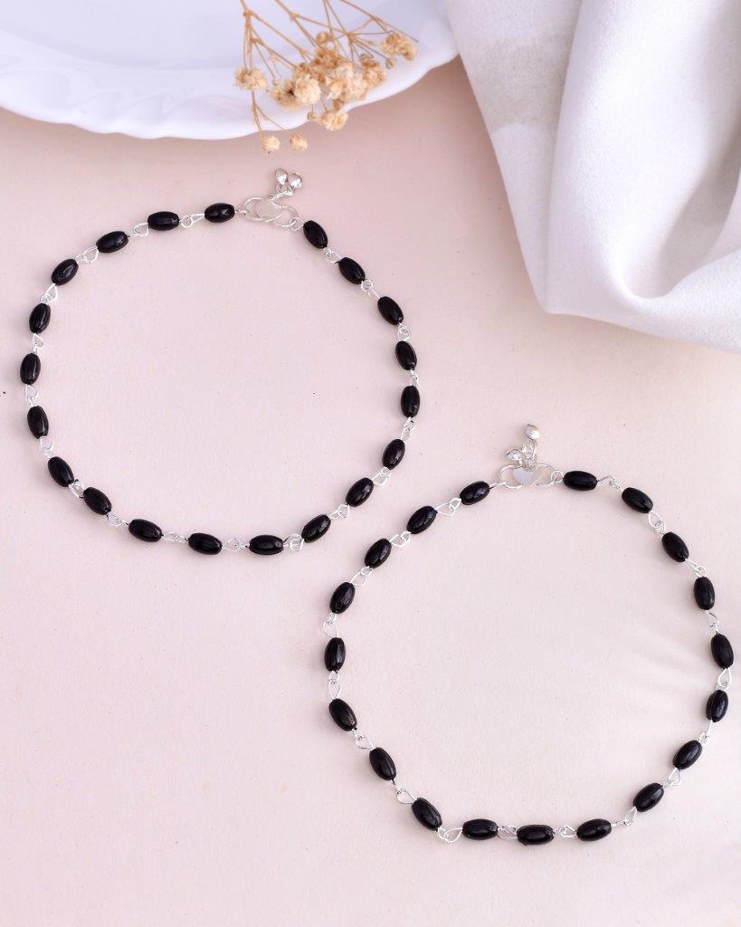 VOJ Set of 2 Silver Plated Black Beads Anklets