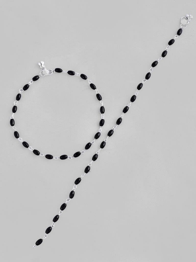 VOJ Set of 2 Silver Plated Black Beads Anklets