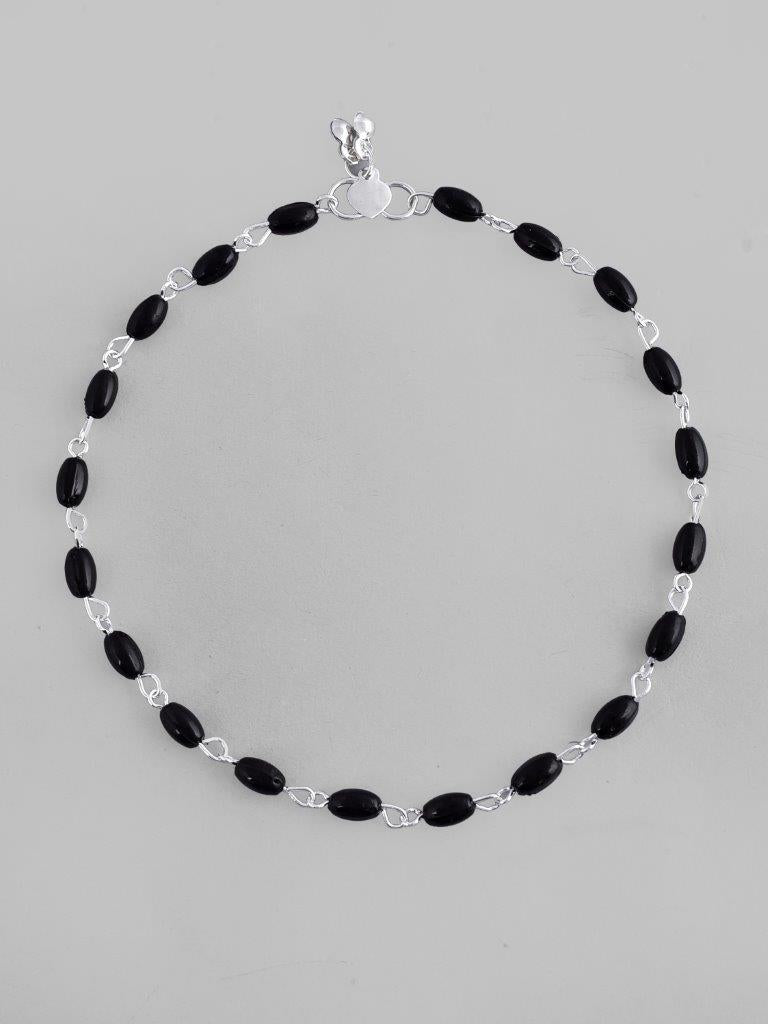 VOJ Set of 2 Silver Plated Black Beads Anklets