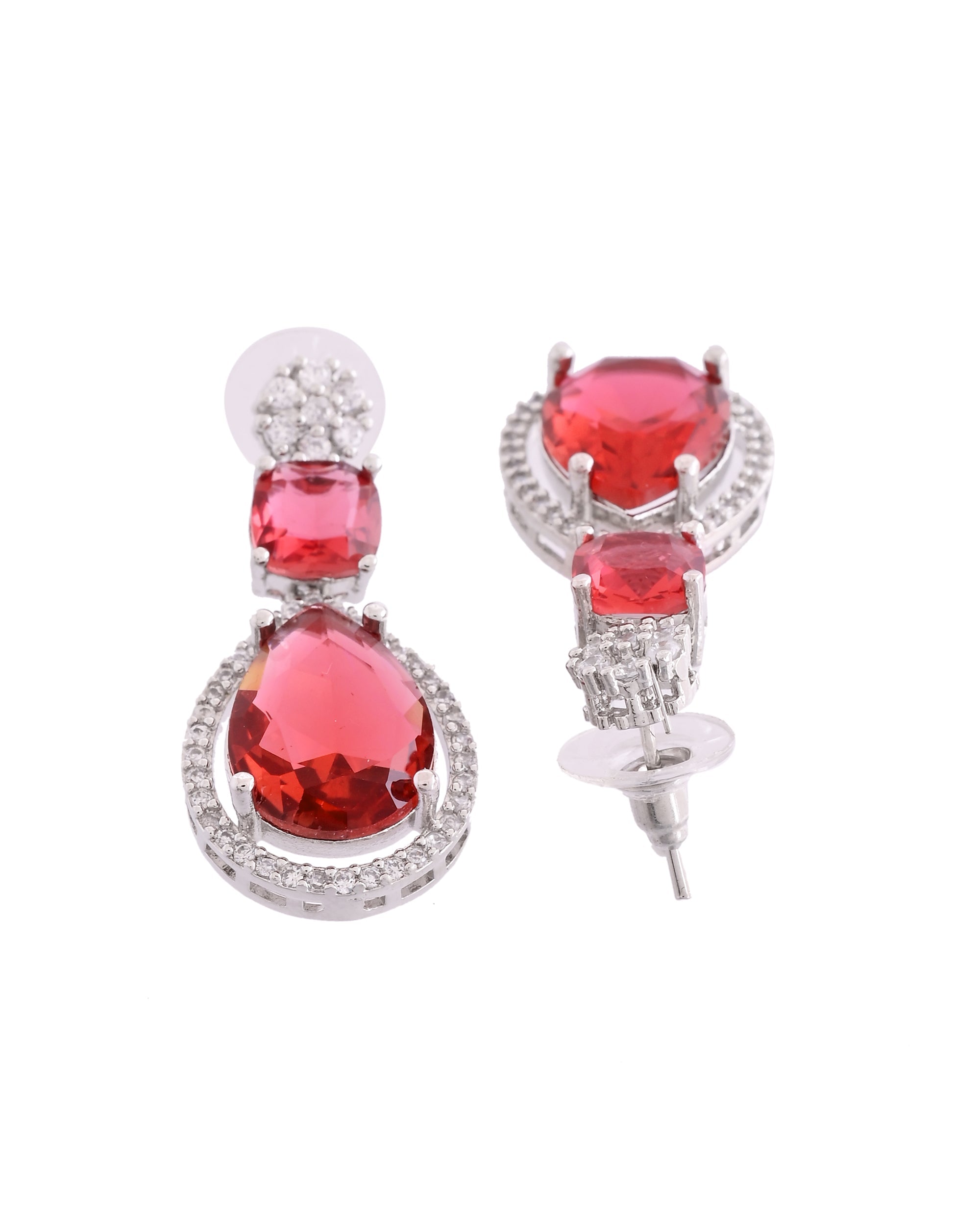 VOJ Silver Plated Red Stone Studded Ad Earrings
