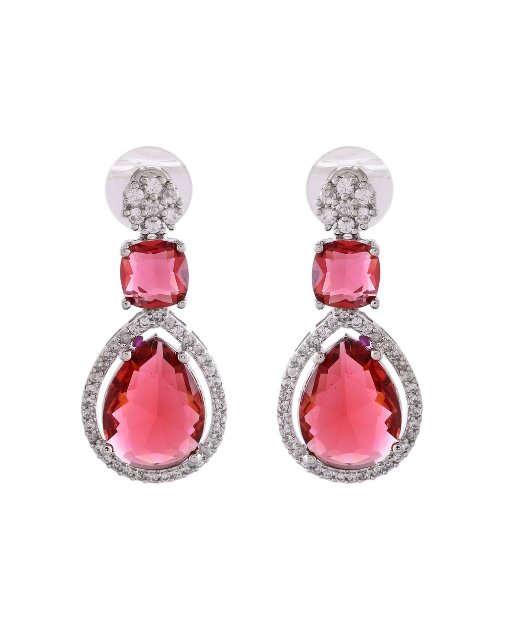 VOJ Silver Plated Red Stone Studded Ad Earrings