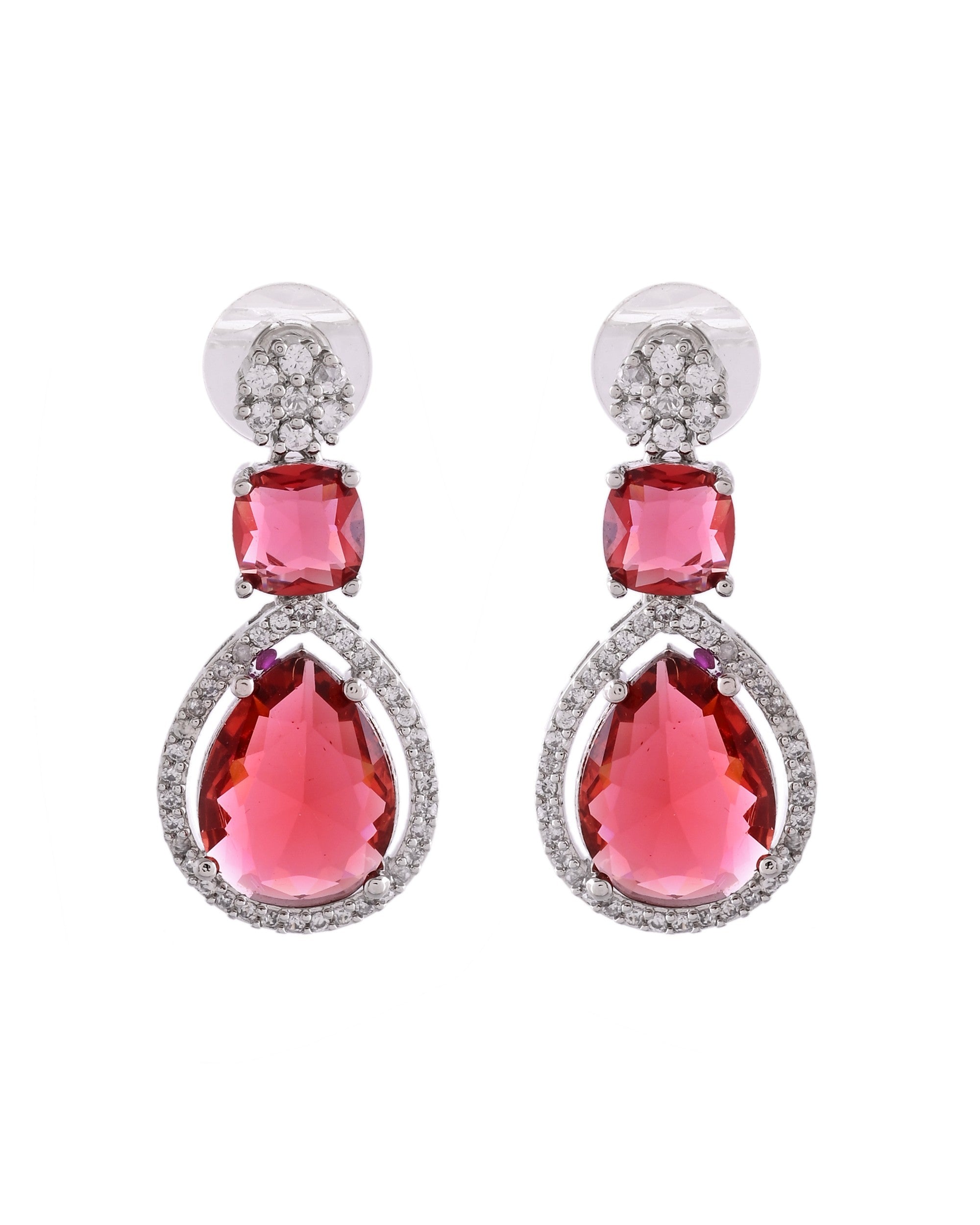 VOJ Silver Plated Red Stone Studded Ad Earrings