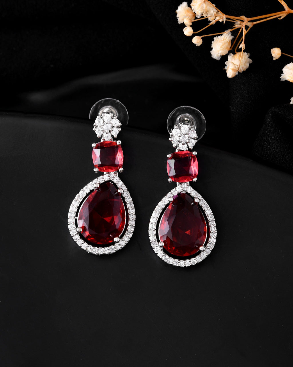 VOJ Silver Plated Red Stone Studded Ad Earrings