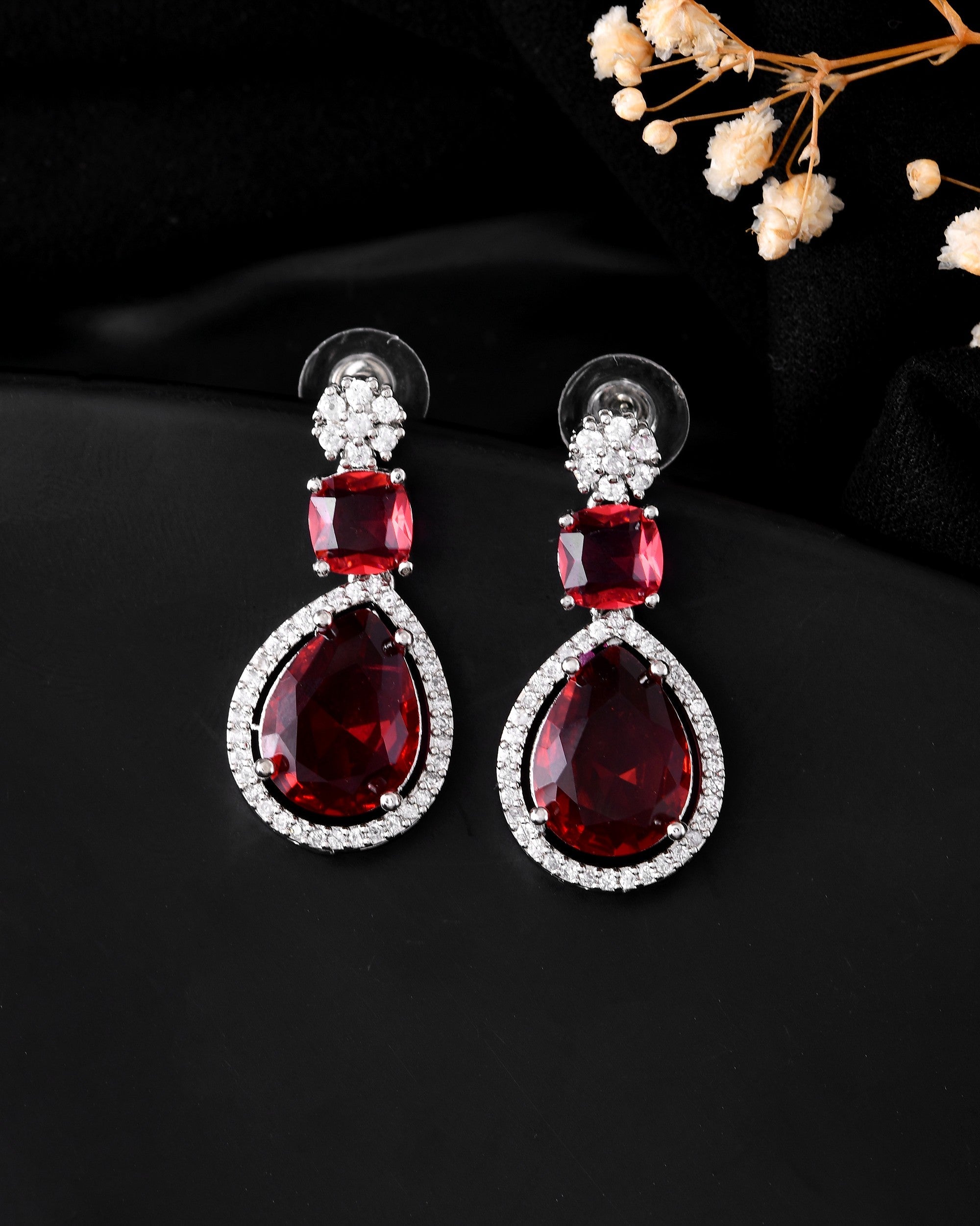 VOJ Silver Plated Red Stone Studded Ad Earrings