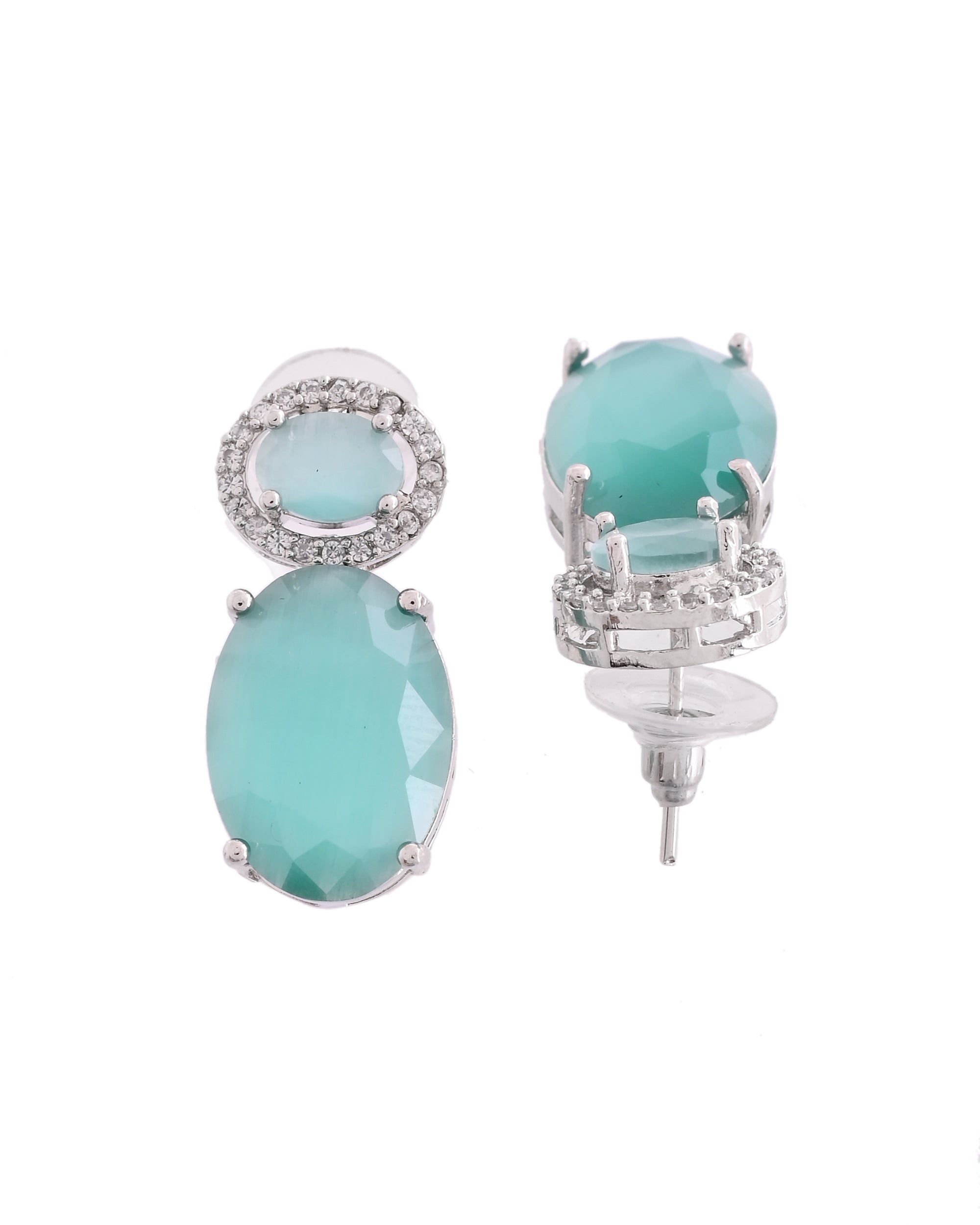 VOJ Silver Plated Sea Green Stone Studded Ad Earrings