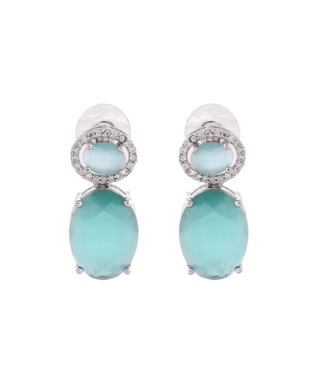 VOJ Silver Plated Sea Green Stone Studded Ad Earrings