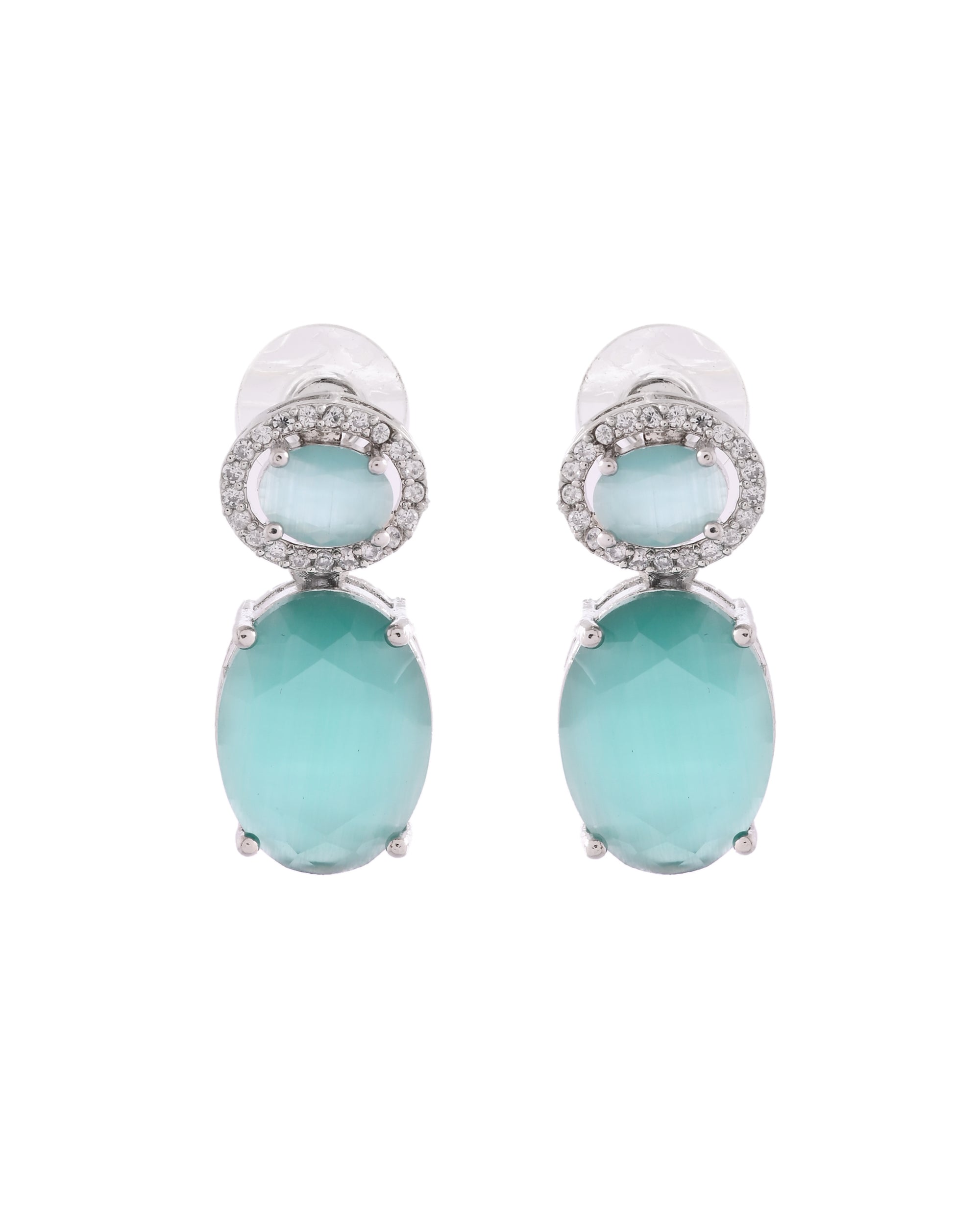 VOJ Silver Plated Sea Green Stone Studded Ad Earrings