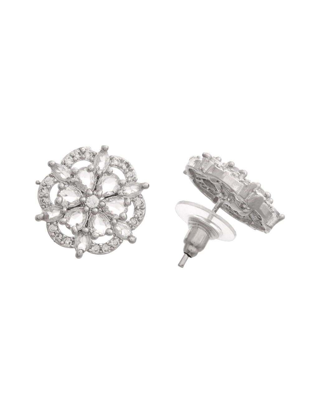VOJ Silver Plated Floral Shape Ad Stone Studded Studs Earrings