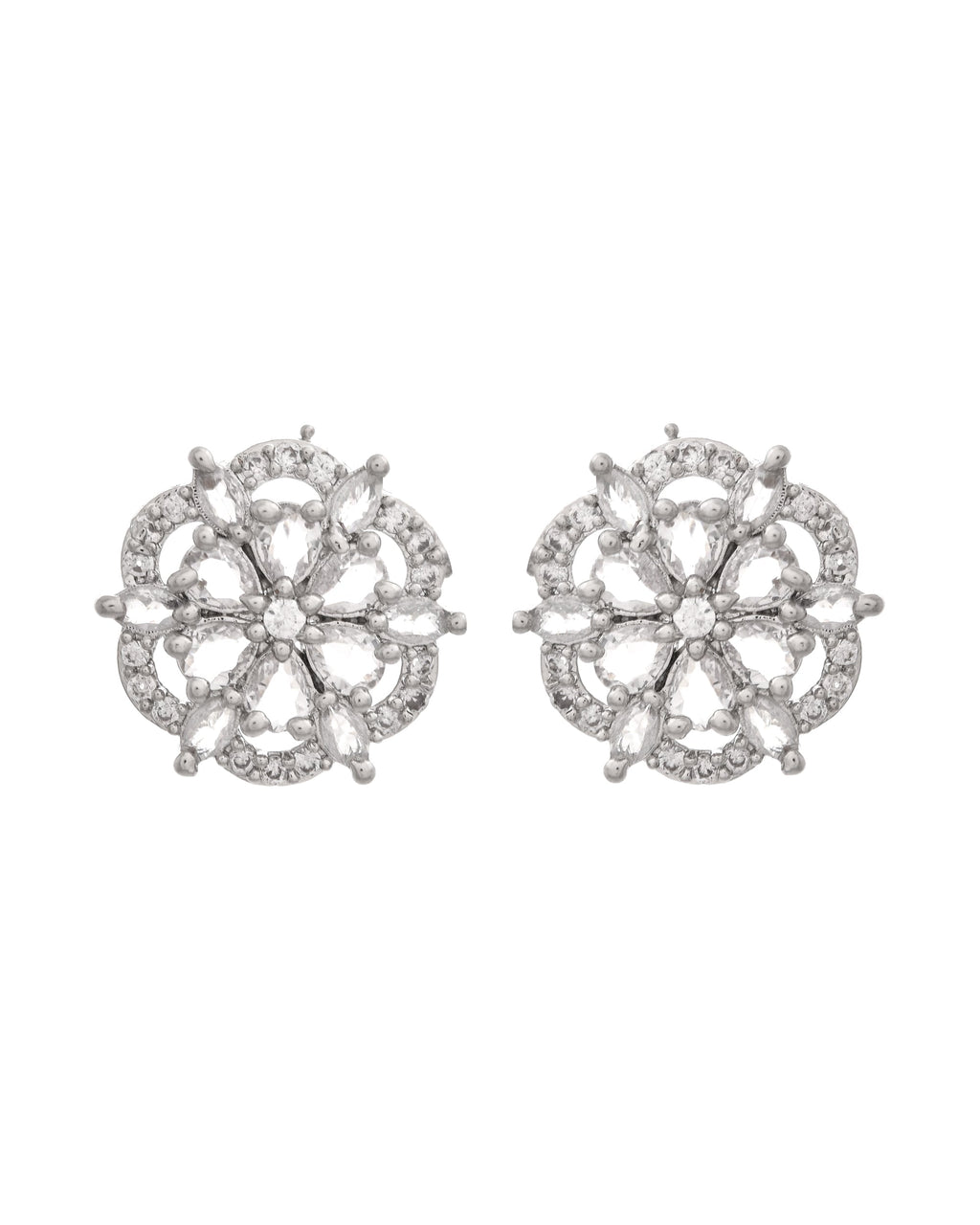 VOJ Silver Plated Floral Shape Ad Stone Studded Studs Earrings