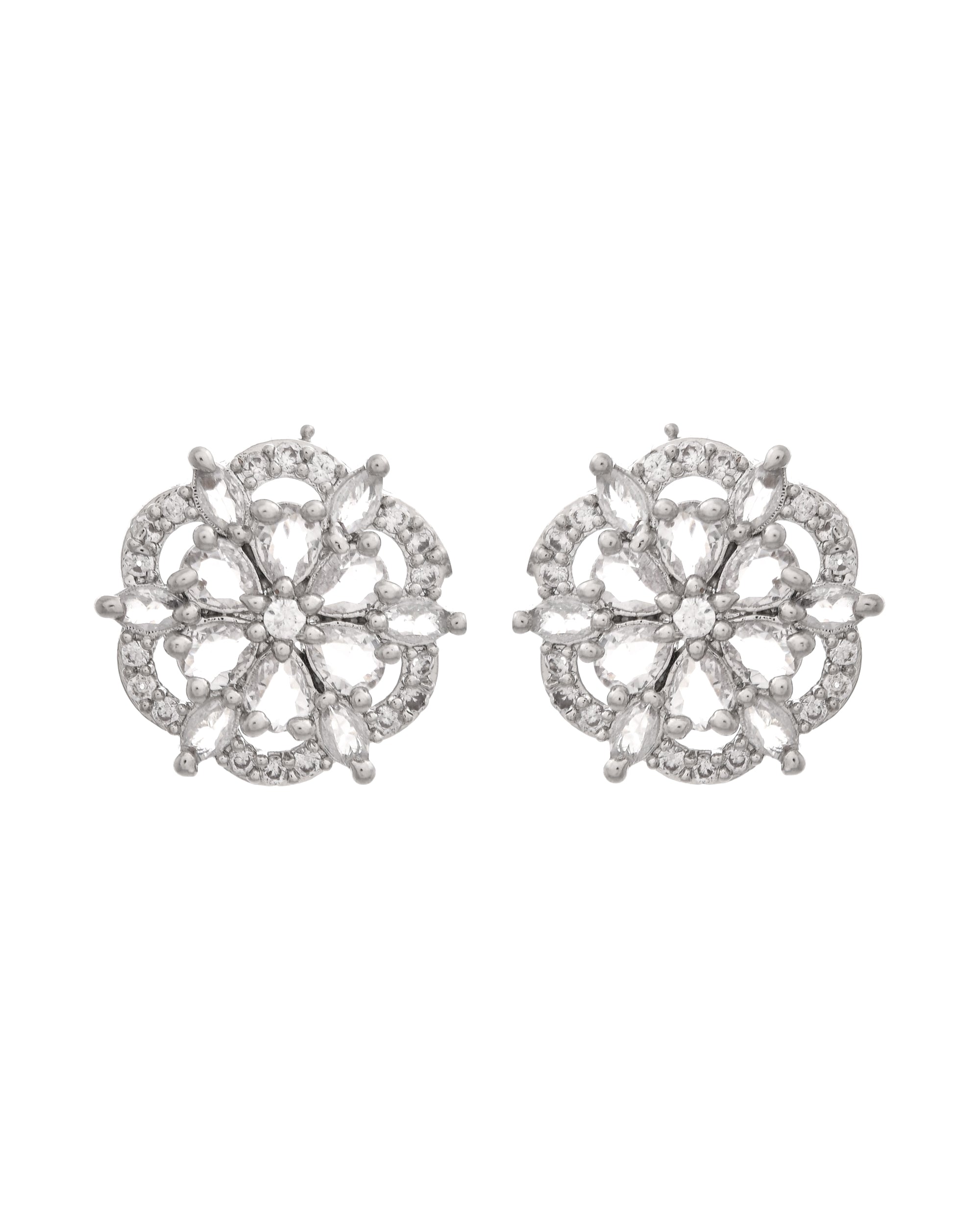 VOJ Silver Plated Floral Shape Ad Stone Studded Studs Earrings