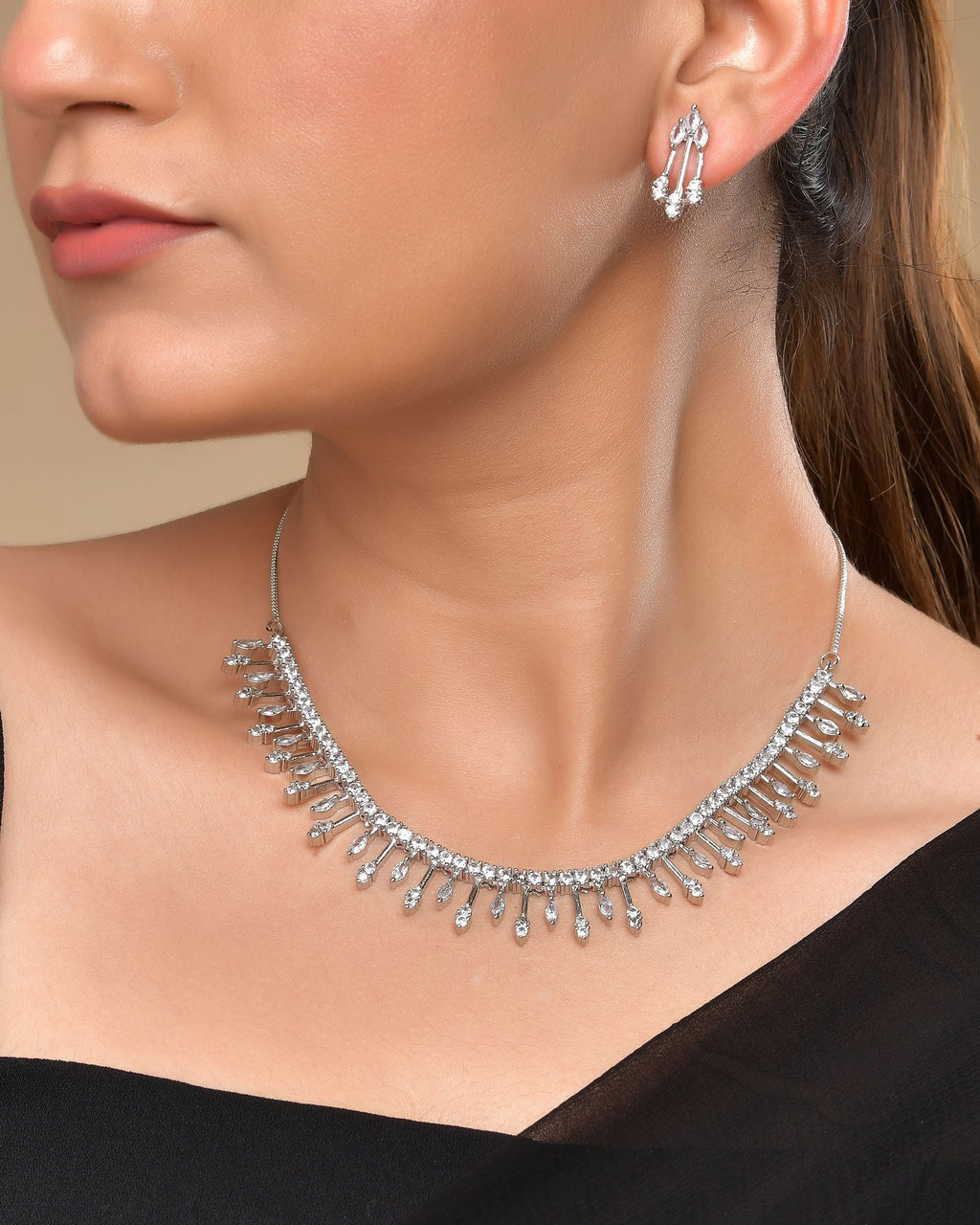 VOJ Silver Plated Ad Stone Studded Elegant Minimal Jewellery Set