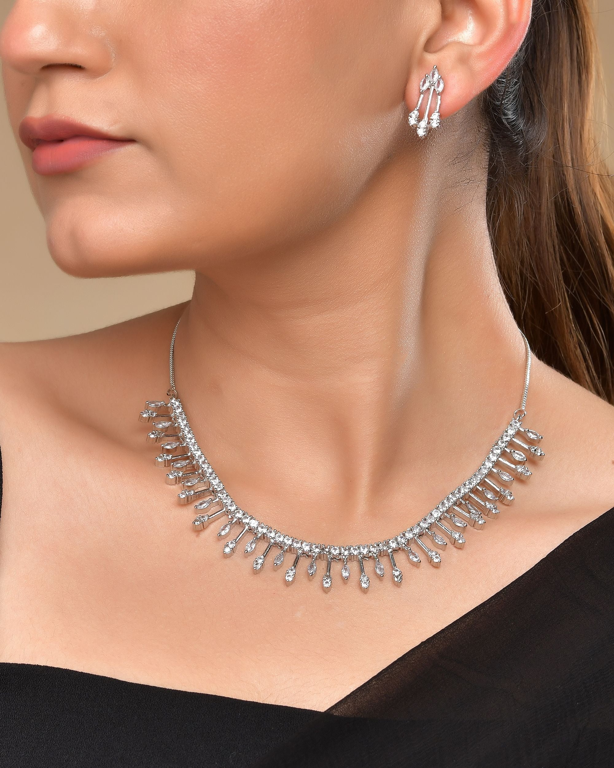VOJ Silver Plated Ad Stone Studded Elegant Minimal Jewellery Set