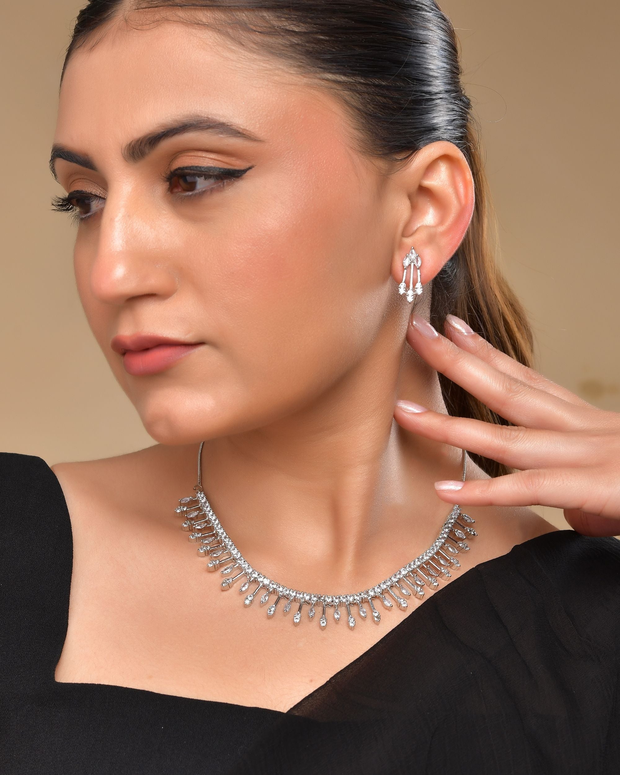 VOJ Silver Plated Ad Stone Studded Elegant Minimal Jewellery Set