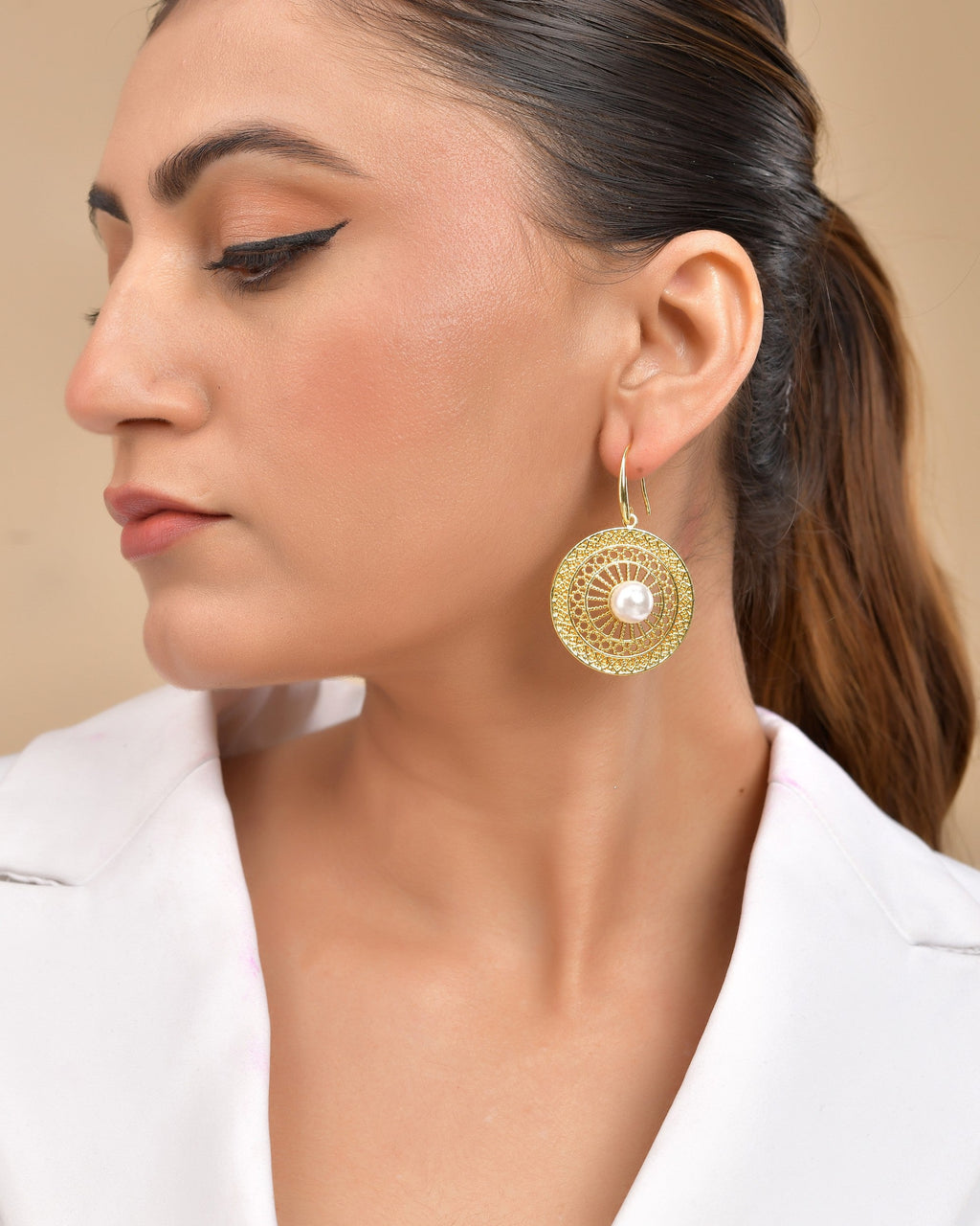 VOJ Gold Polished Anti Tarnish Circular Shaped Drop Earrings