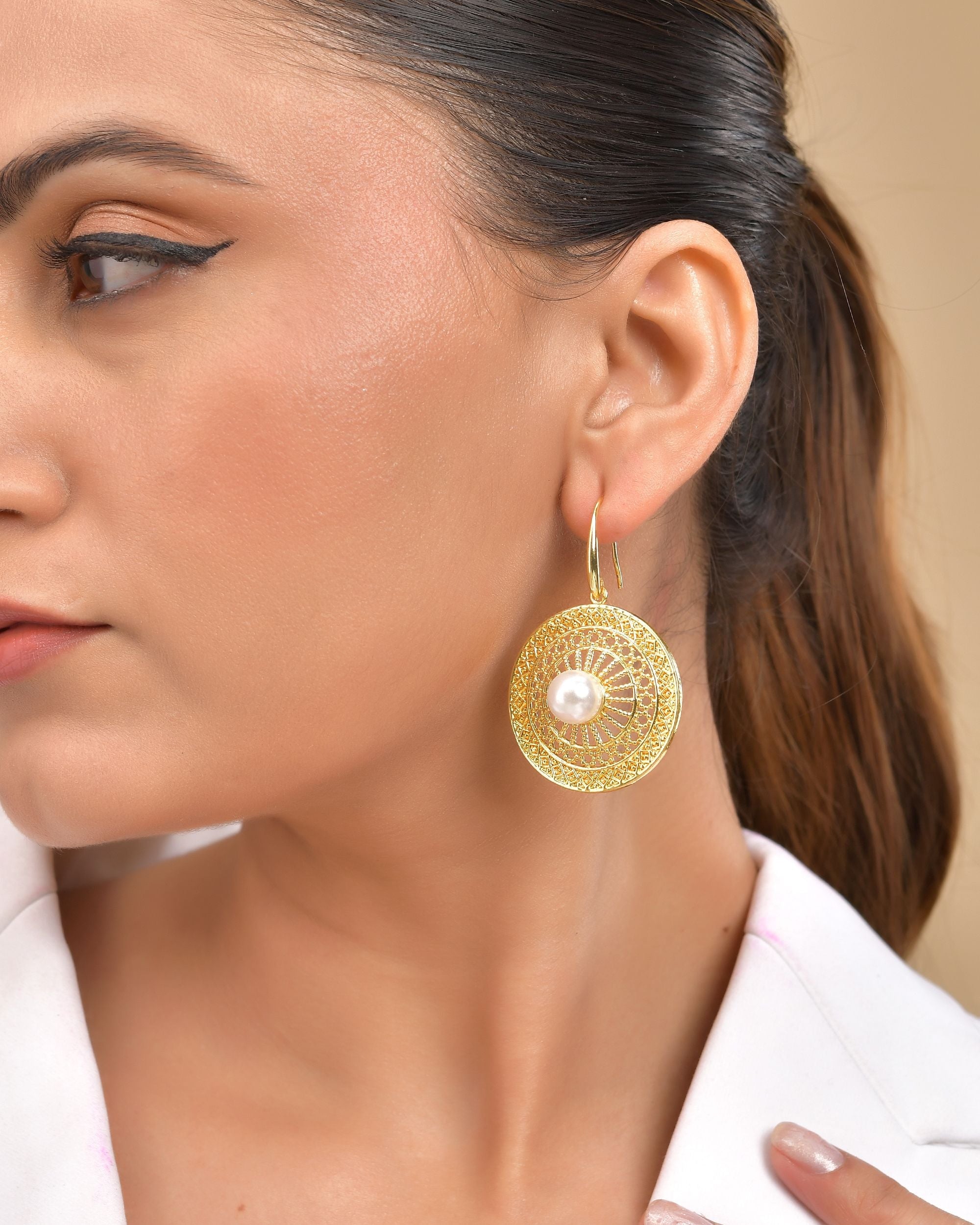 VOJ Gold Polished Anti Tarnish Circular Shaped Drop Earrings