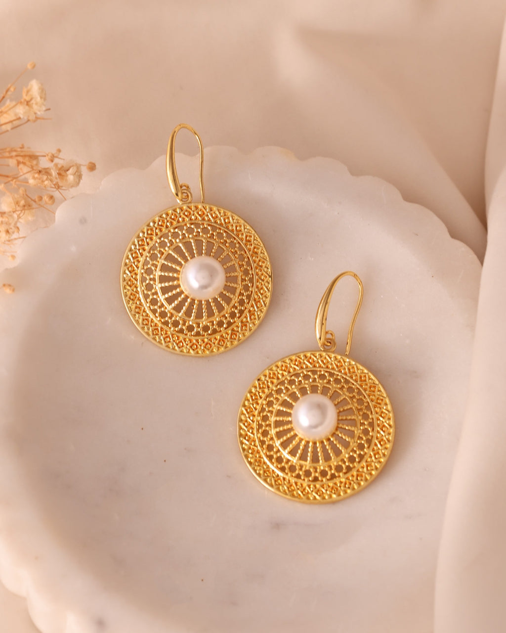 VOJ Gold Polished Anti Tarnish Circular Shaped Drop Earrings