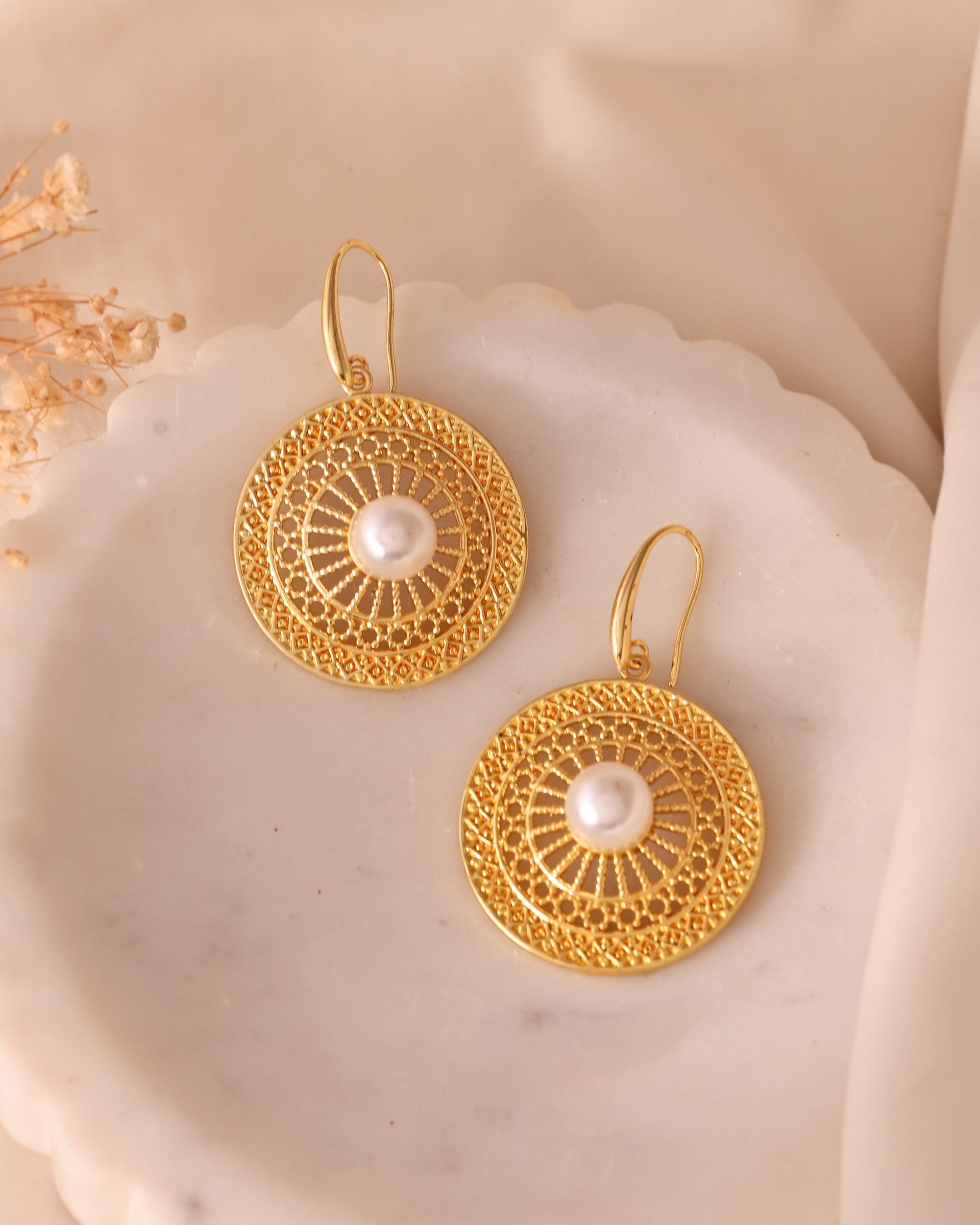 VOJ Gold Polished Anti Tarnish Circular Shaped Drop Earrings