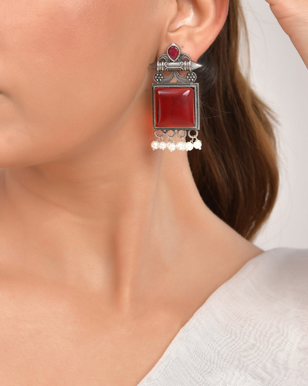 VOJ Silver Plated Oxidized Red Stone Studded Earrings