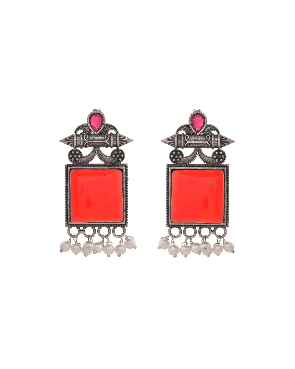 VOJ Silver Plated Oxidized Red Stone Studded Earrings