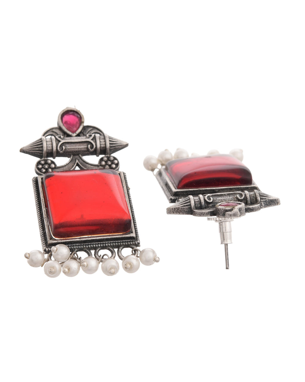 VOJ Silver Plated Oxidized Red Stone Studded Earrings