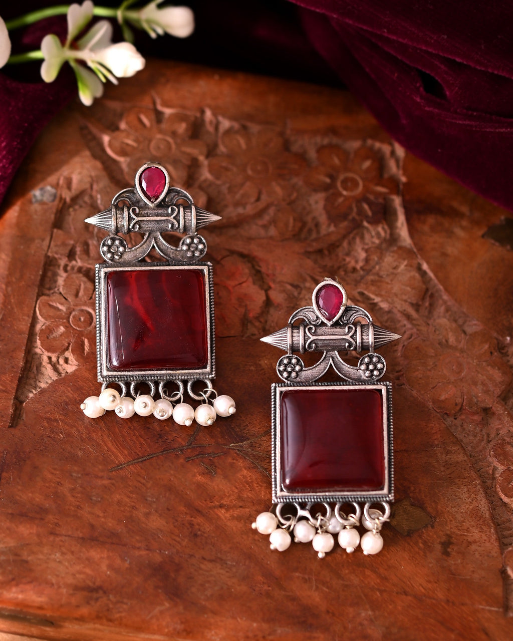 VOJ Silver Plated Oxidized Red Stone Studded Earrings