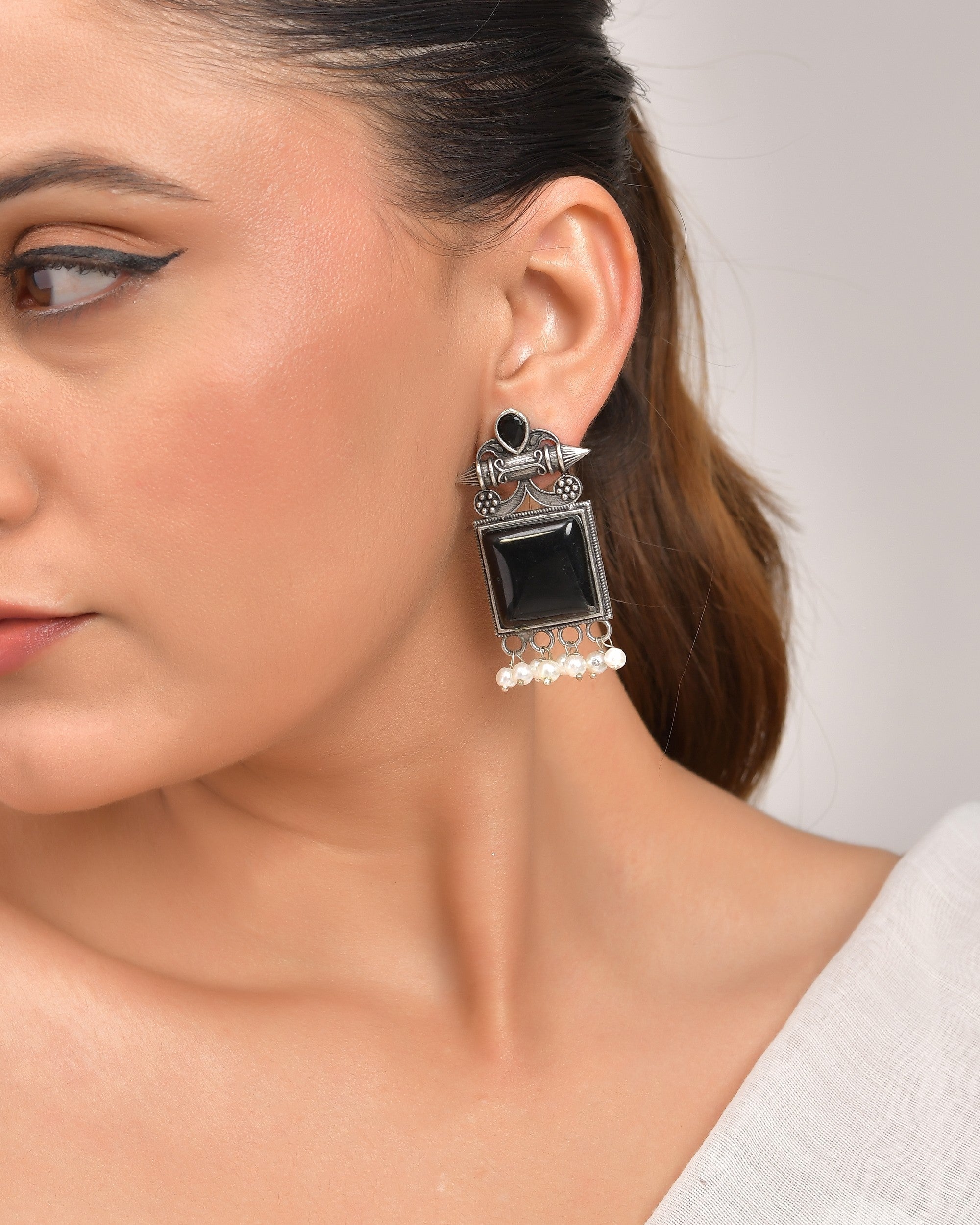 VOJ Silver Plated Oxidized Black Stone Studded Earrings