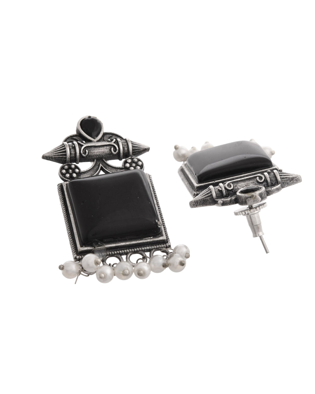 VOJ Silver Plated Oxidized Black Stone Studded Earrings