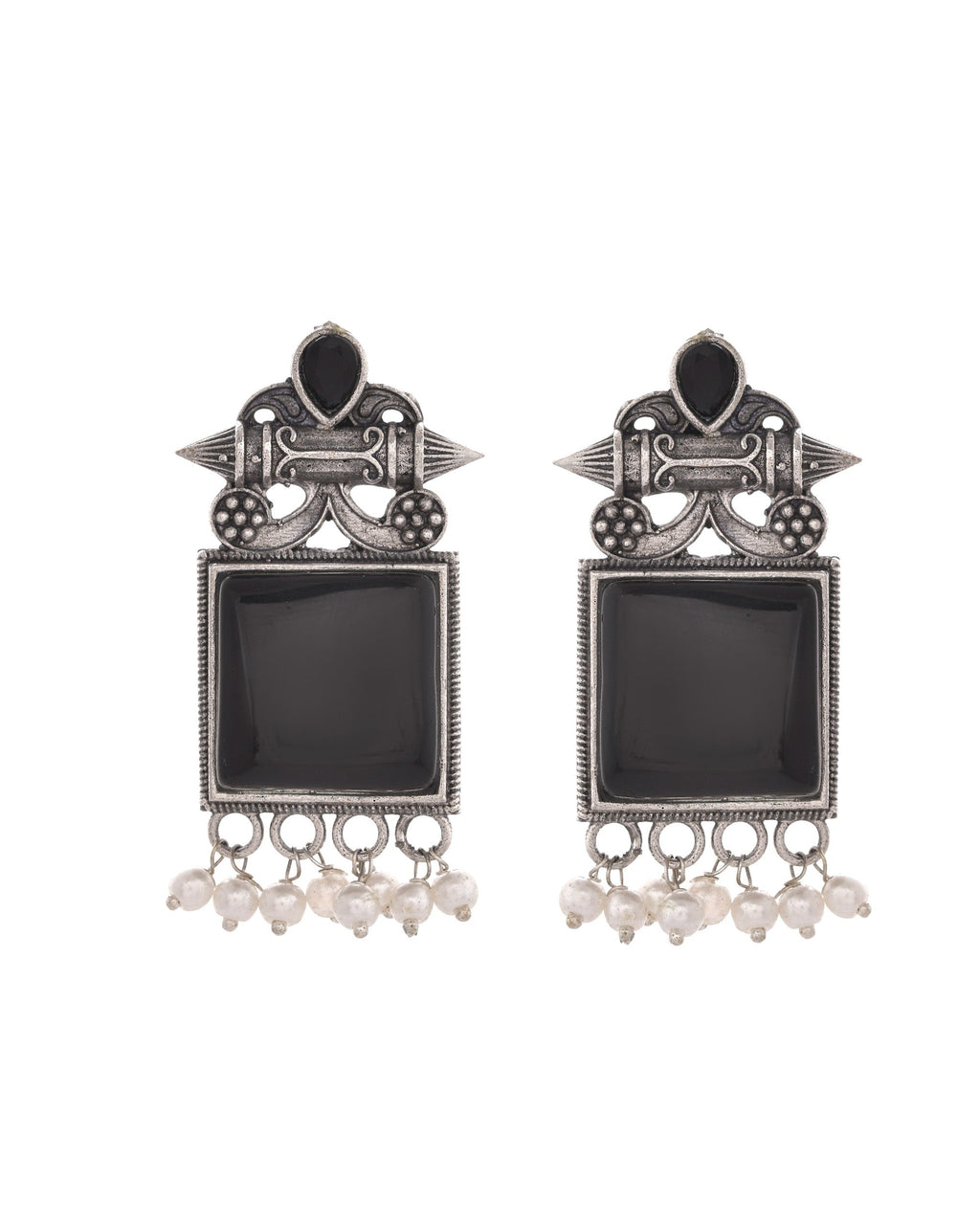 VOJ Silver Plated Oxidized Black Stone Studded Earrings
