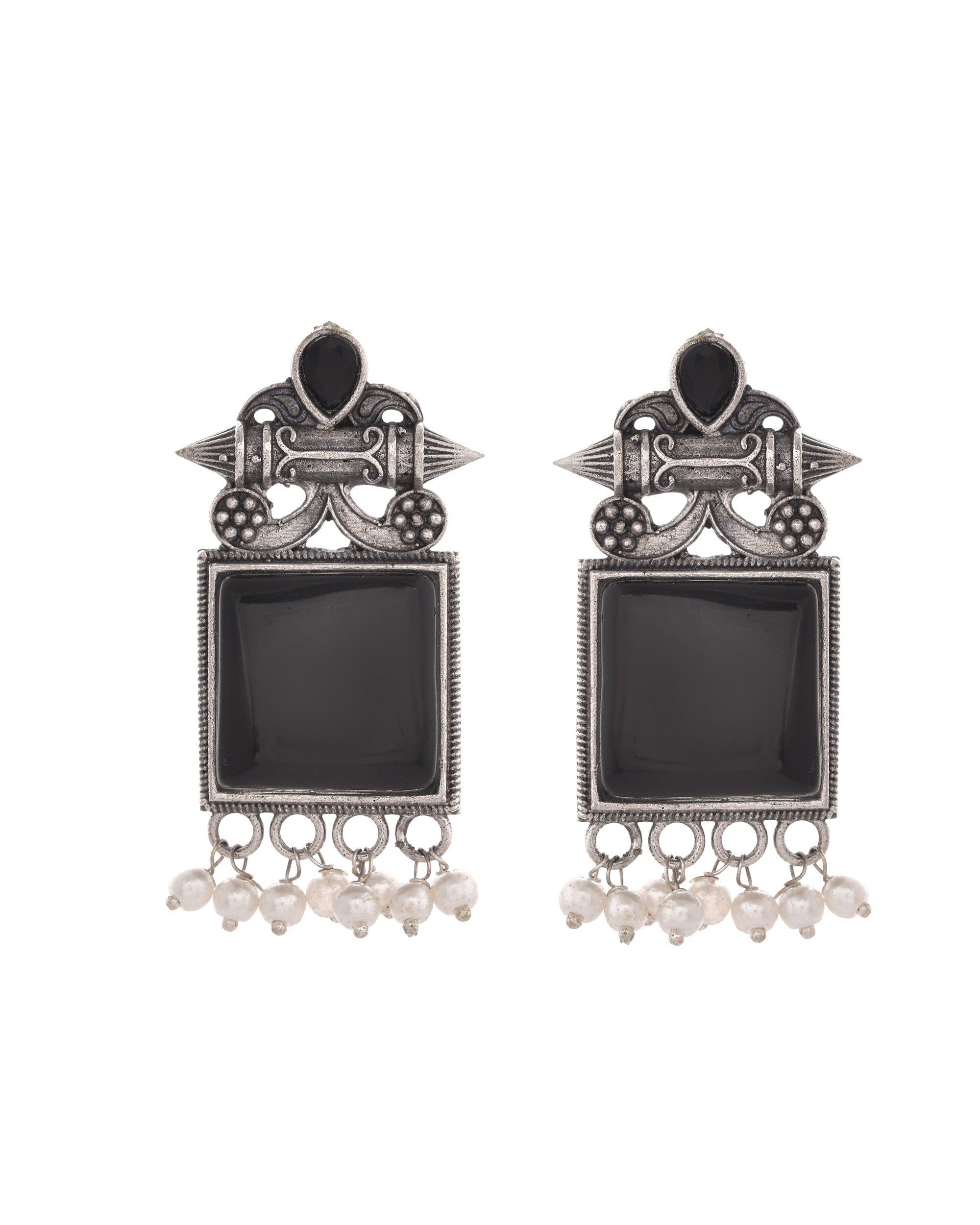 VOJ Silver Plated Oxidized Black Stone Studded Earrings