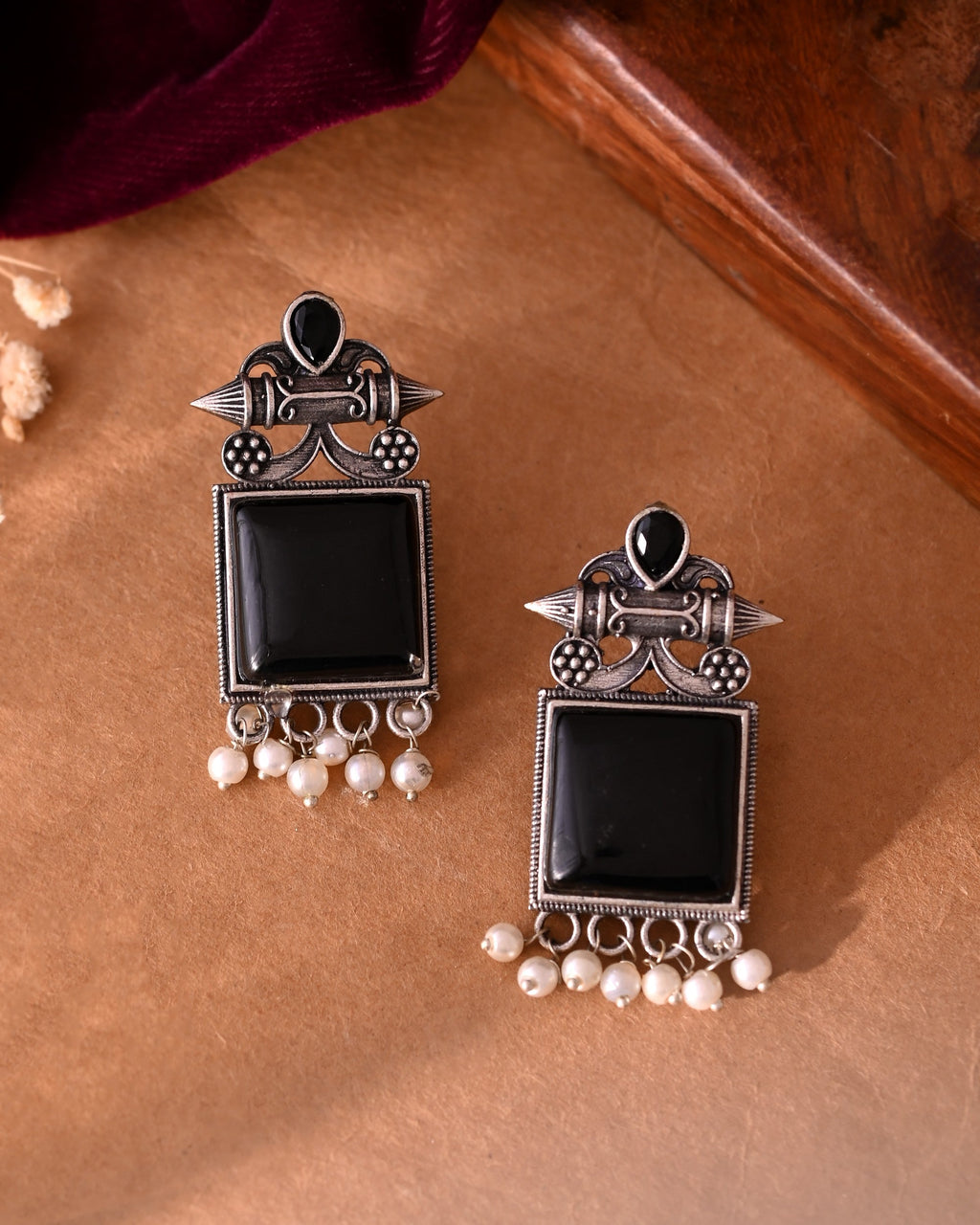 VOJ Silver Plated Oxidized Black Stone Studded Earrings