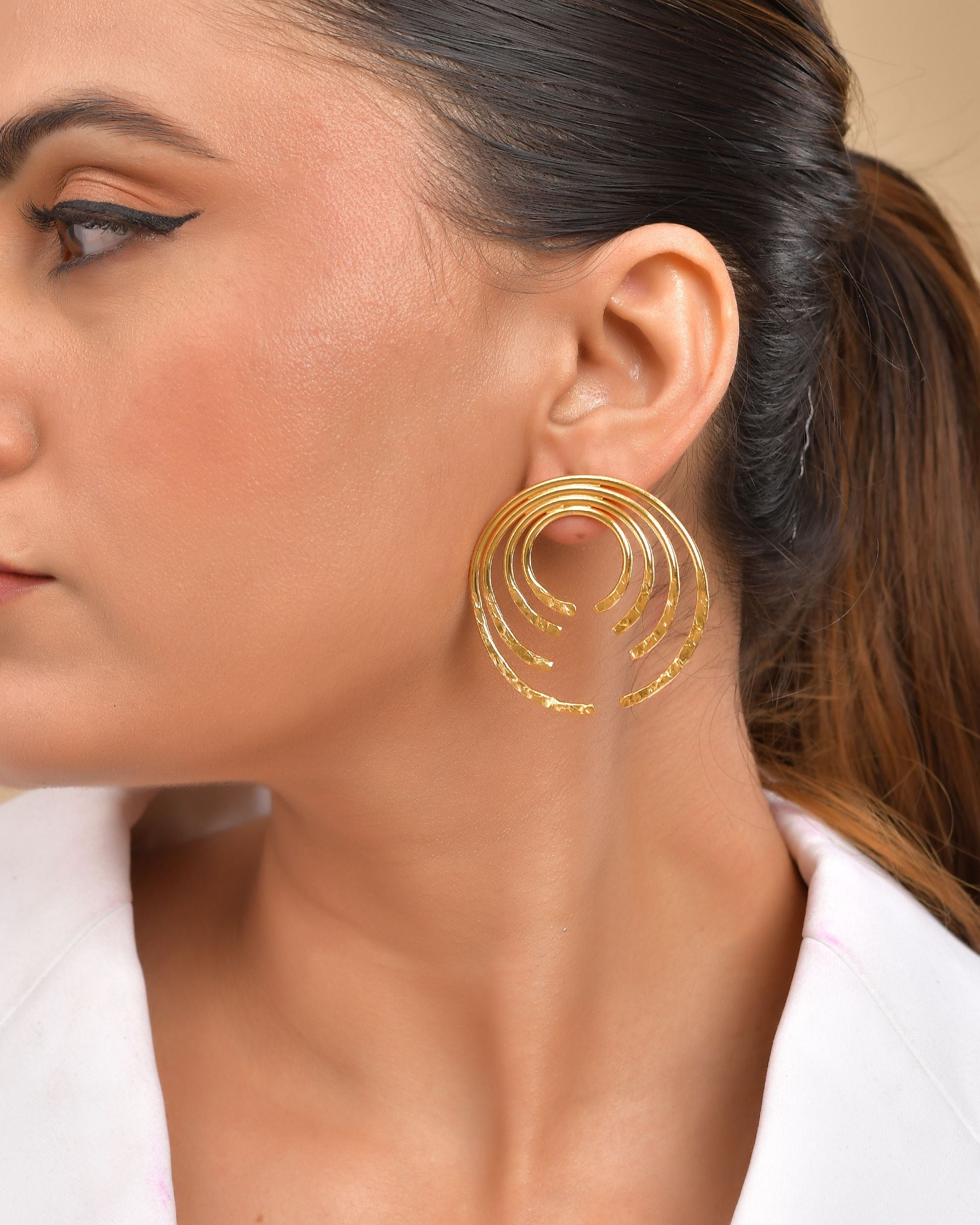 VOJ Gold Polished Anti Tarnished Semi Circle Studs Earrings