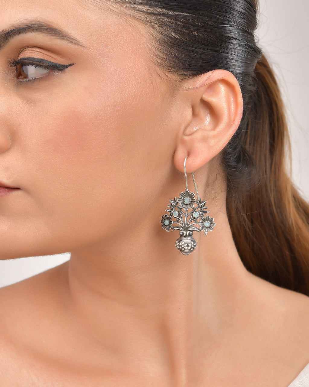 VOJ Silver Plated Floral Shaped Oxidized Drop Earrings