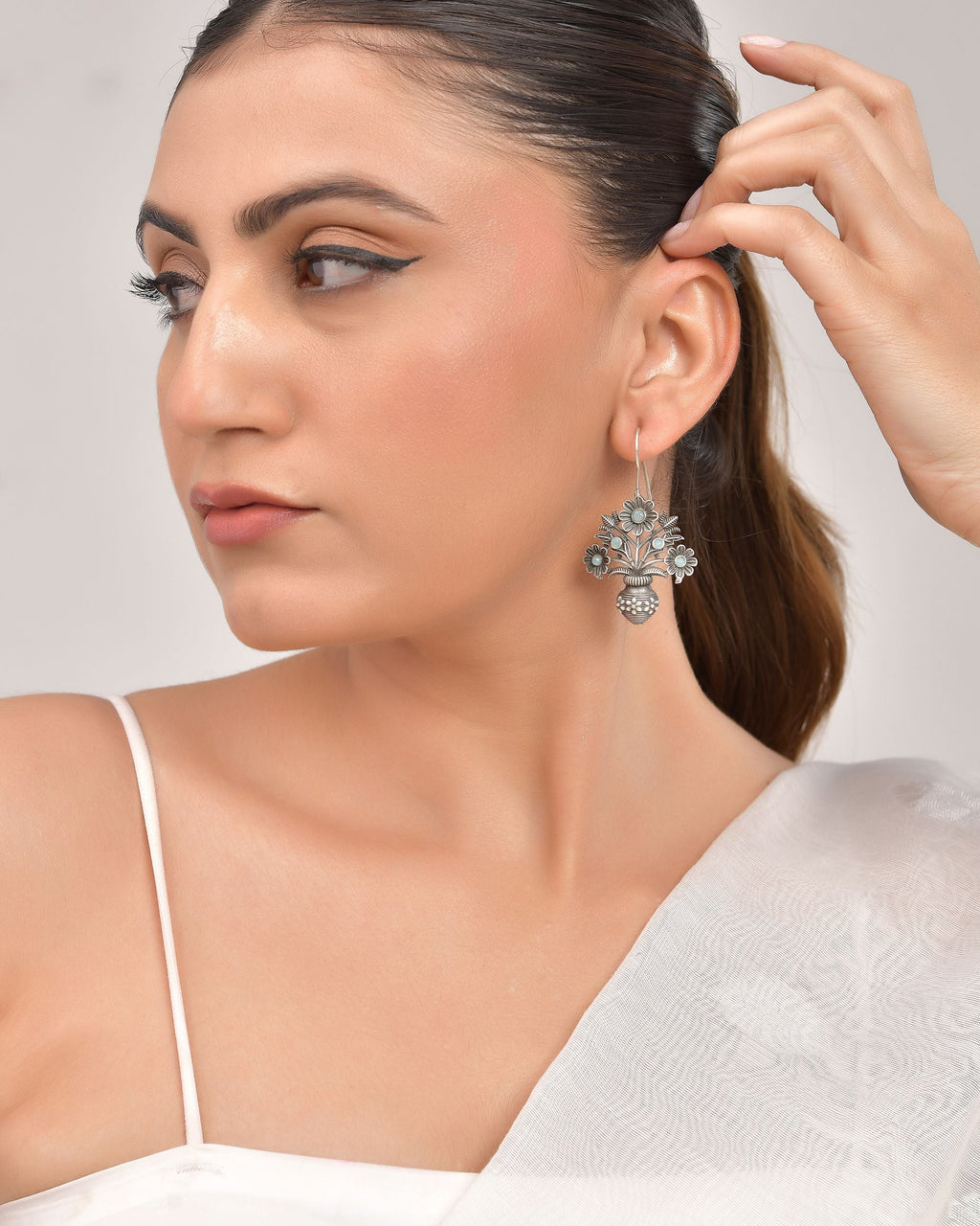 VOJ Silver Plated Floral Shaped Oxidized Drop Earrings