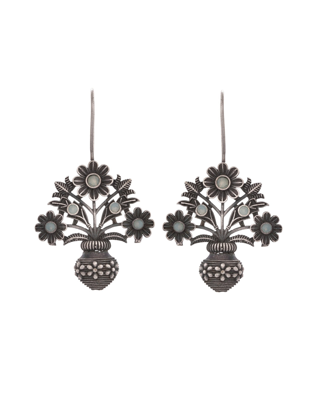 VOJ Silver Plated Floral Shaped Oxidized Drop Earrings