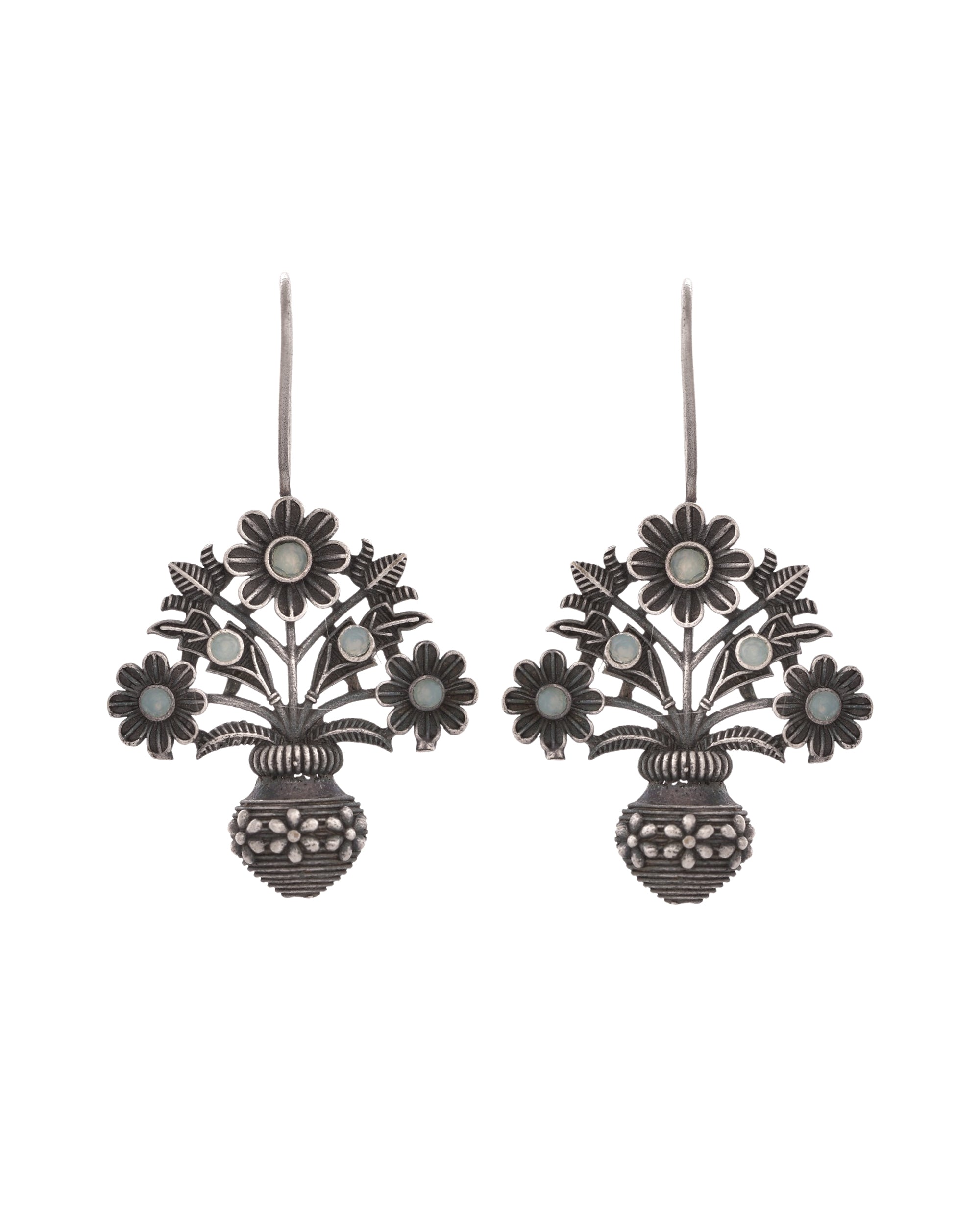 VOJ Silver Plated Floral Shaped Oxidized Drop Earrings