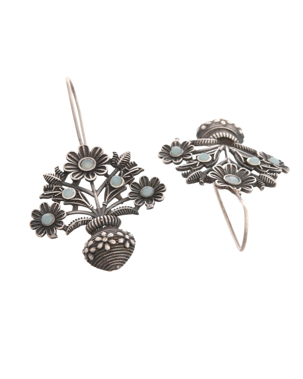 VOJ Silver Plated Floral Shaped Oxidized Drop Earrings
