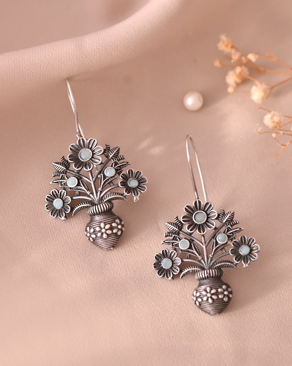 VOJ Silver Plated Floral Shaped Oxidized Drop Earrings