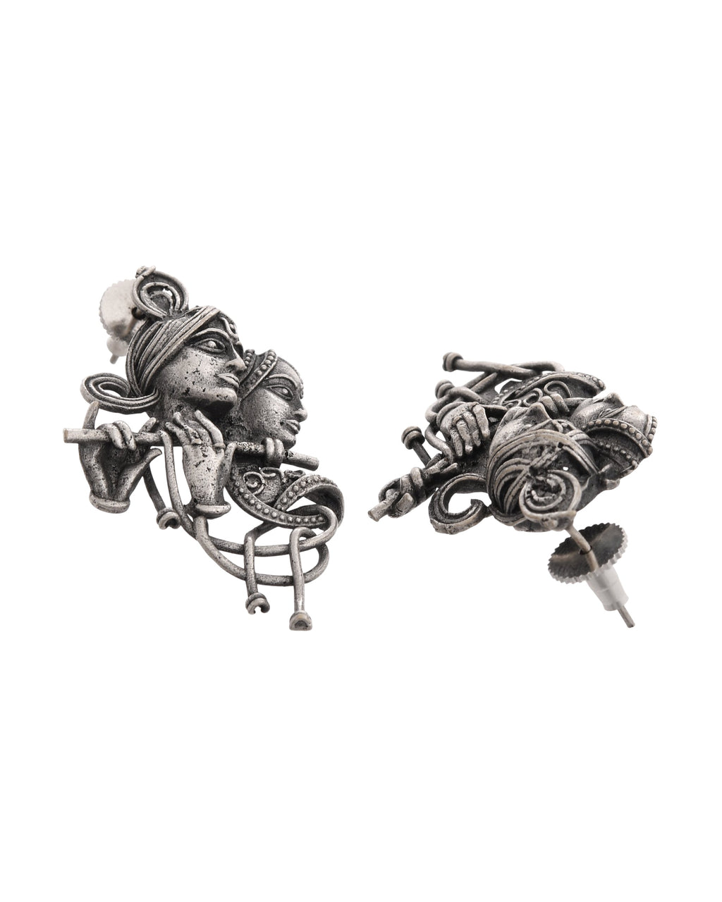 VOJ Silver Plated Oxidized Kanha Shaped Earrings