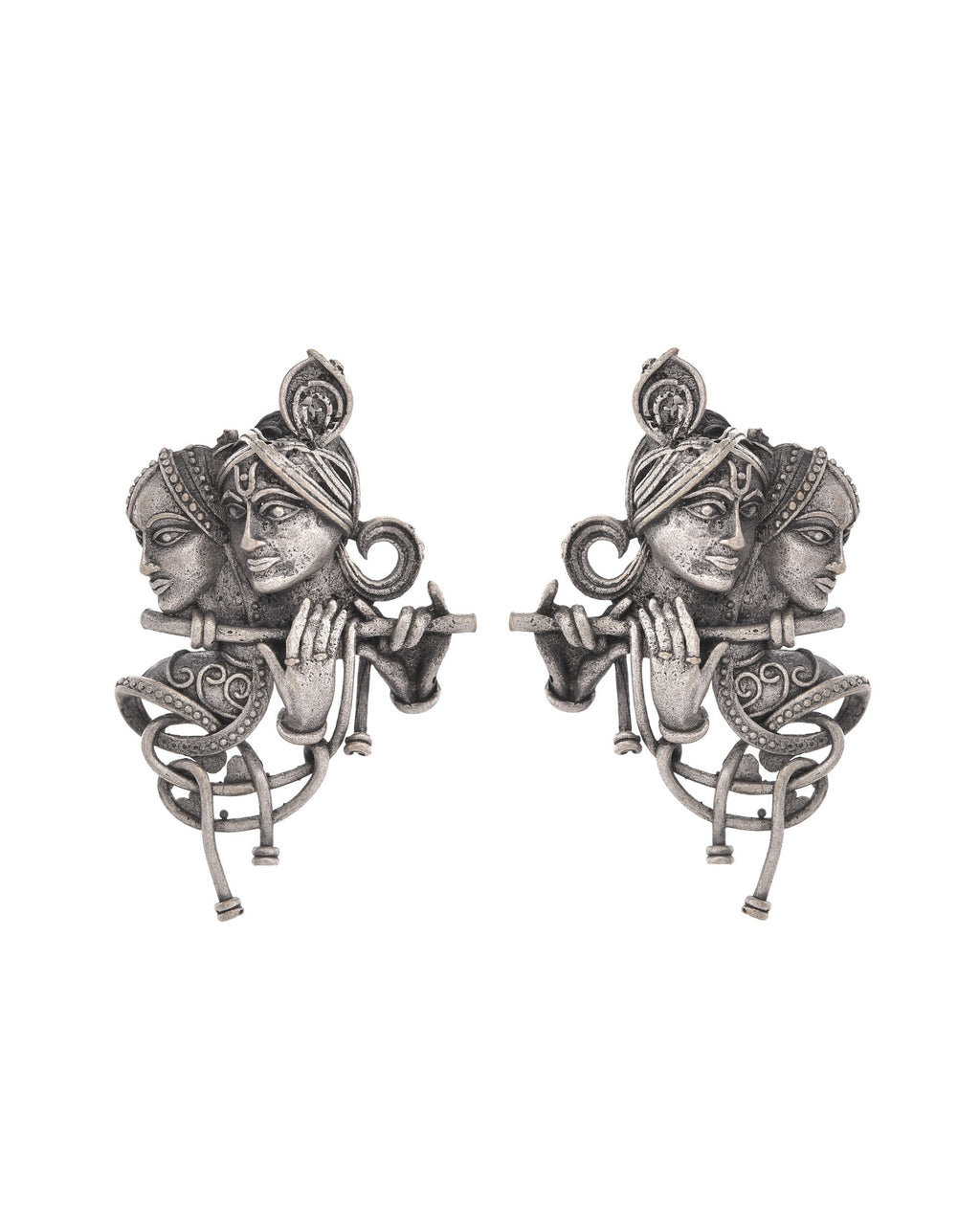 VOJ Silver Plated Oxidized Kanha Shaped Earrings