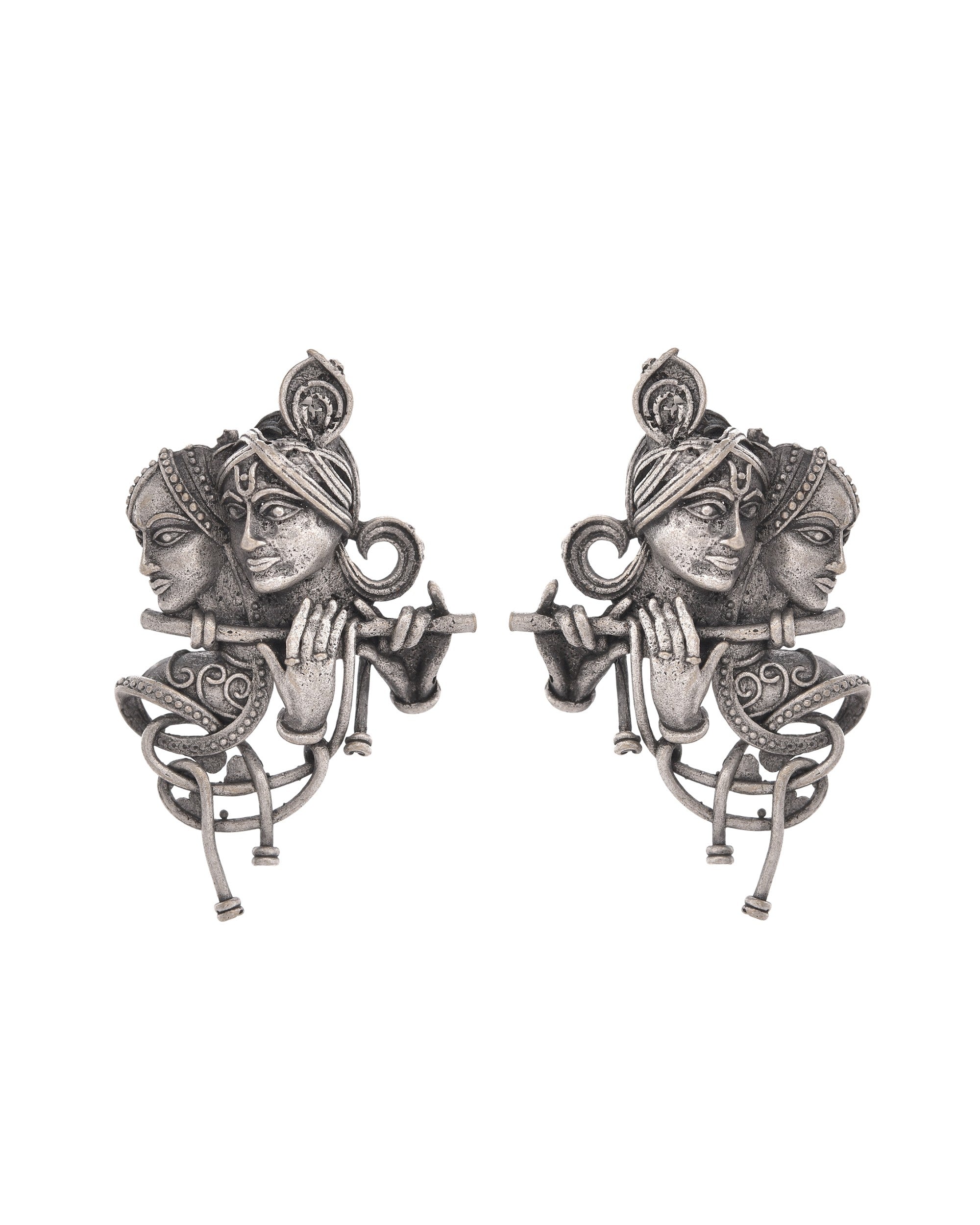 VOJ Silver Plated Oxidized Kanha Shaped Earrings