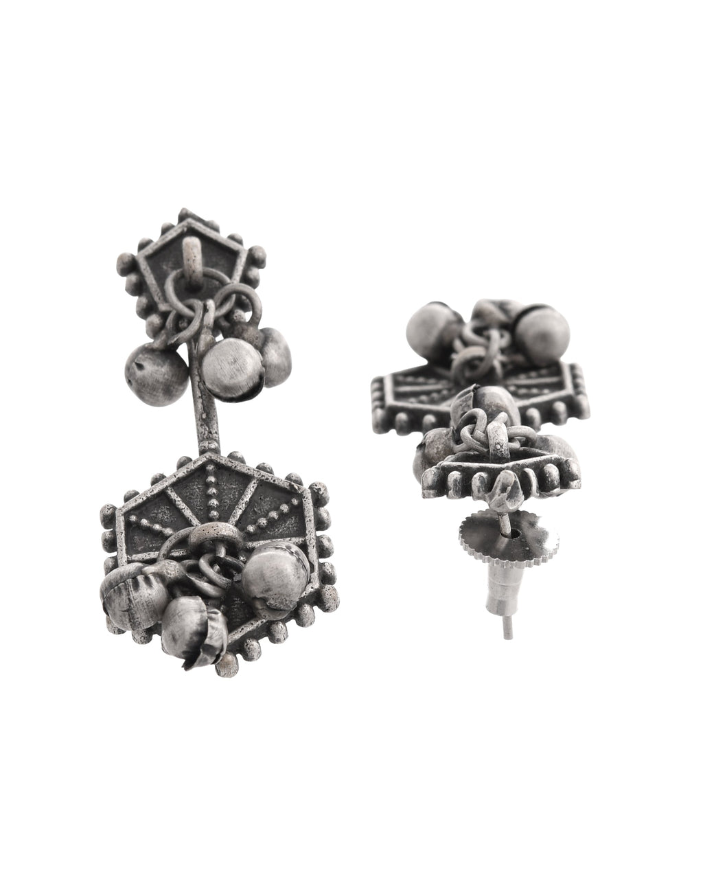 VOJ Silver Plated Oxidized Geometrical Shaped Studs Earrings