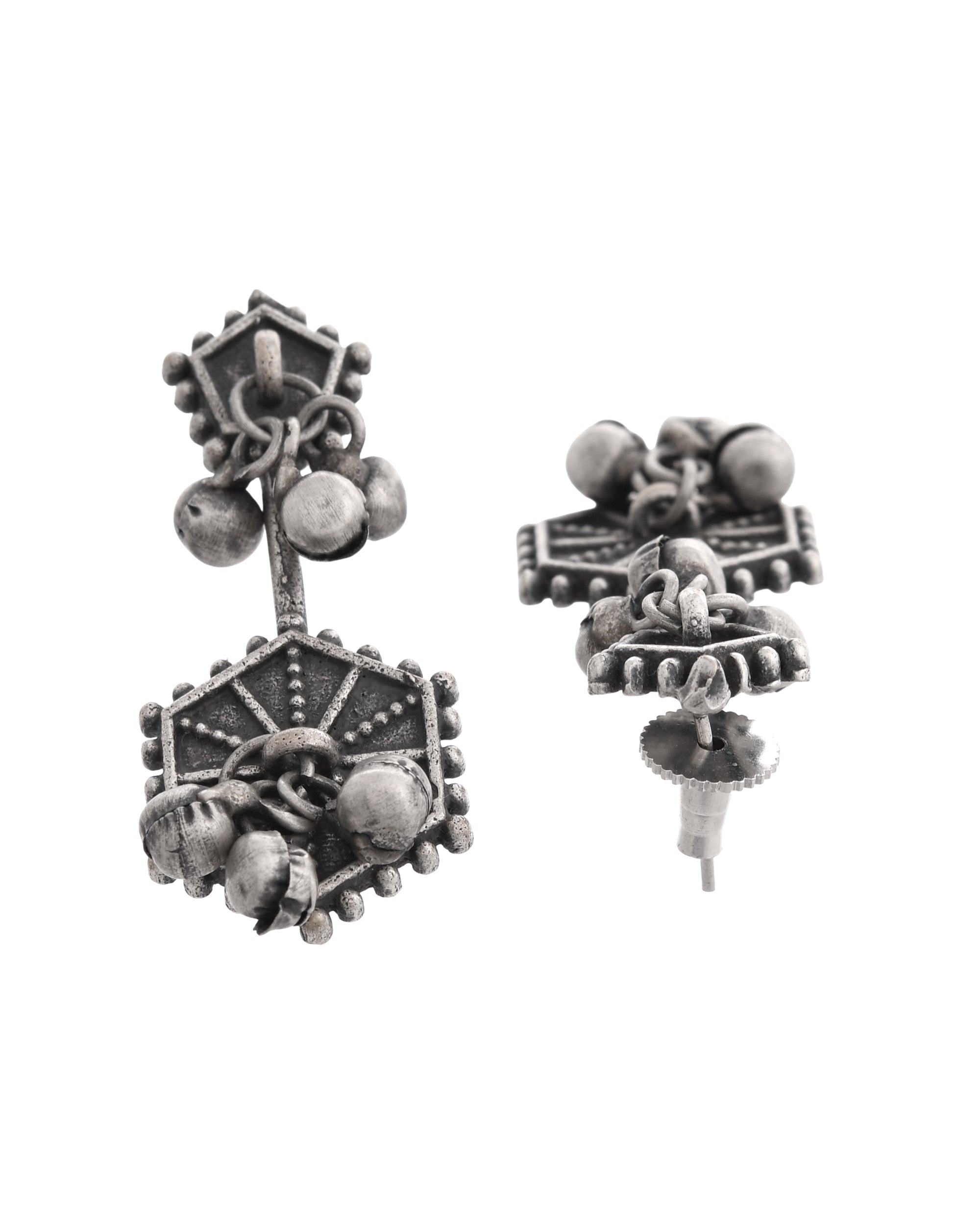 VOJ Silver Plated Oxidized Geometrical Shaped Studs Earrings